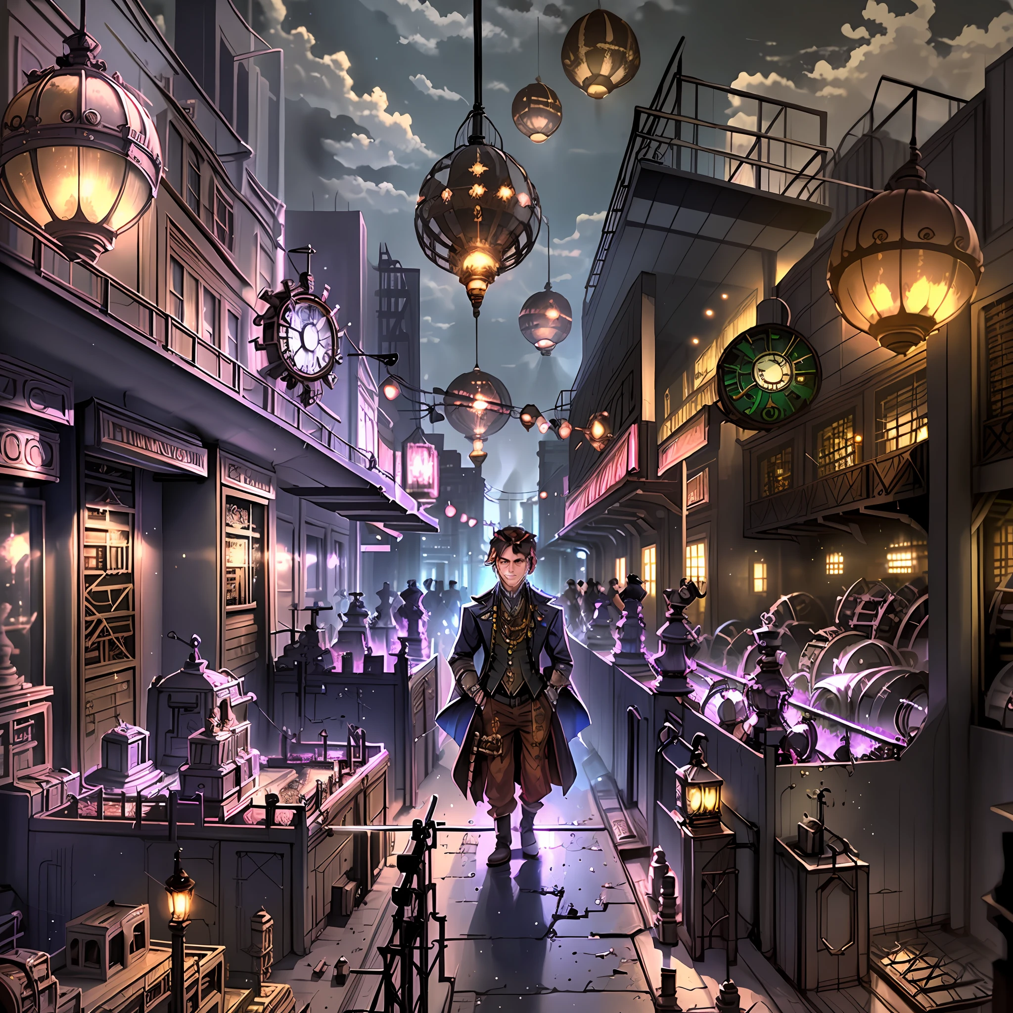 Create a scenario of a steampunk city, half gangster with lots of lights and casinos and lots of people