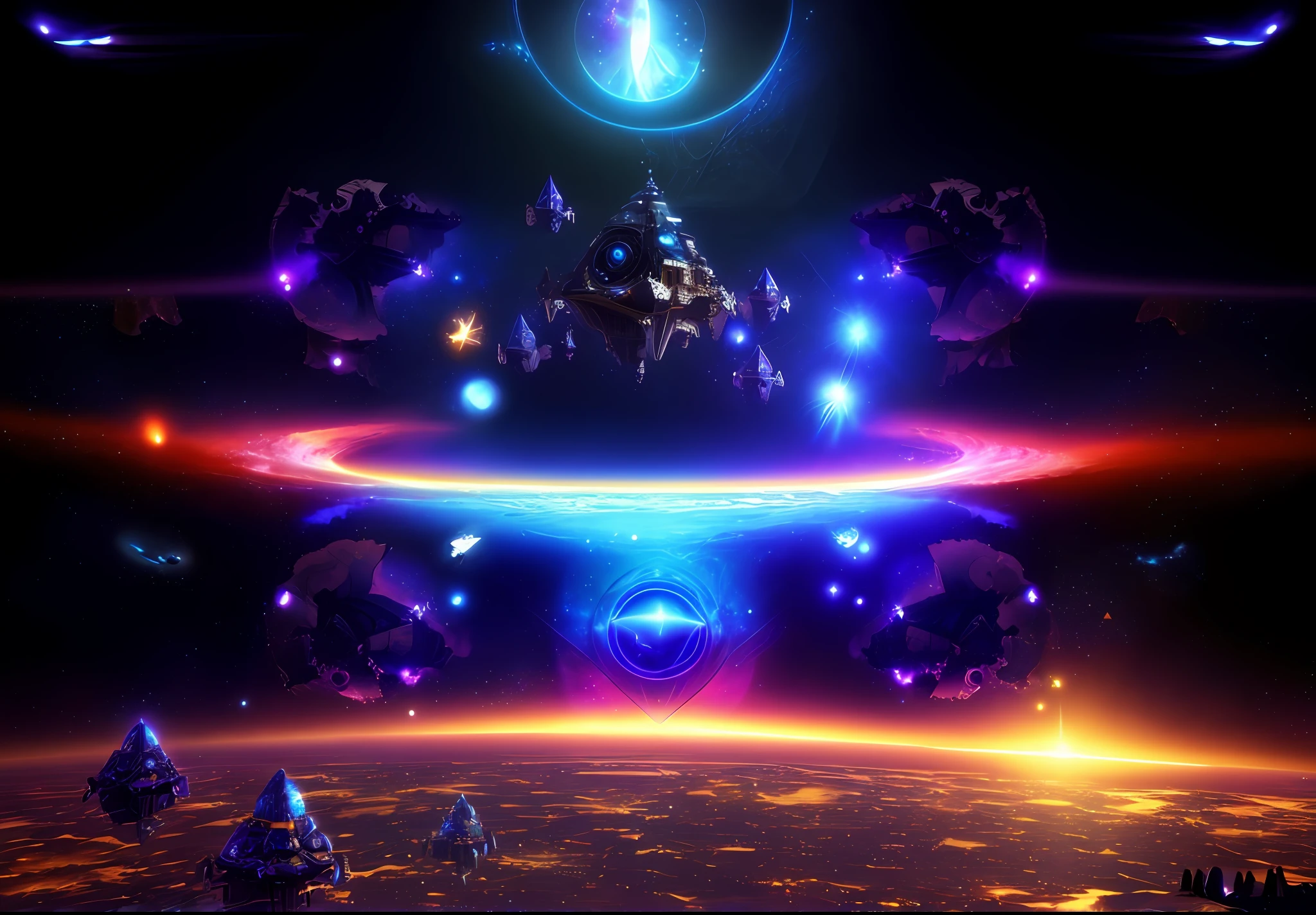 spaceship flying over a planet with a star in the background, abstract occult epic composition, surreal space, infinite crystal ascent, portal to outer space, portal to another universe, 4k highly detailed digital art, shards and fractal of infinity, dmt space behind, symmetrical fantasy landscape, symmetrical epic fantasy art, in the multiverse, portal to another dimension
