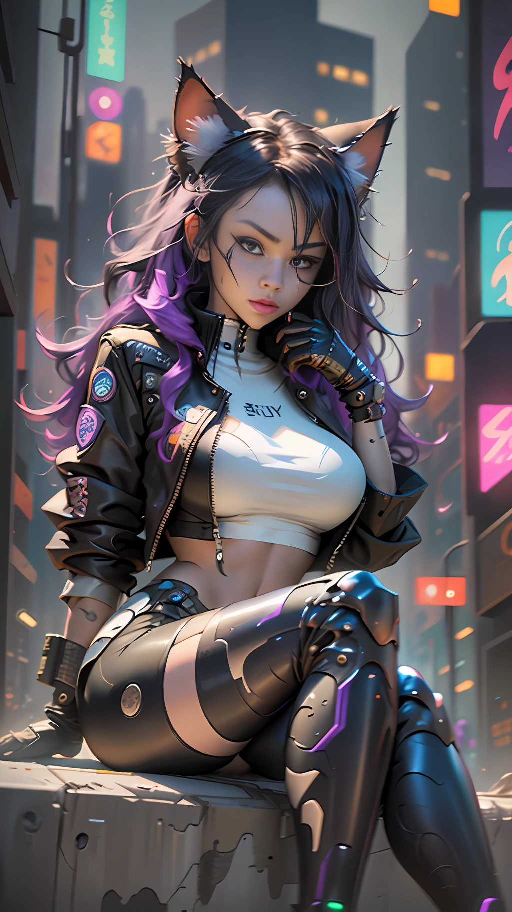 Cyberpunk neko catgirl with cyberpunk prosthetics portrait photograph, cat ears, tech jacket, big breasts, long hair, ((sitting pose)), cyberpunk city streets, futuristic style, Sci-fi, hyper detailed, photorealism, hyper realism, painting, 8K, HD, super resolution , Cinematic lighting, contrasting light and shadow, 8K, HD, Super-Resolution, strong depth of field