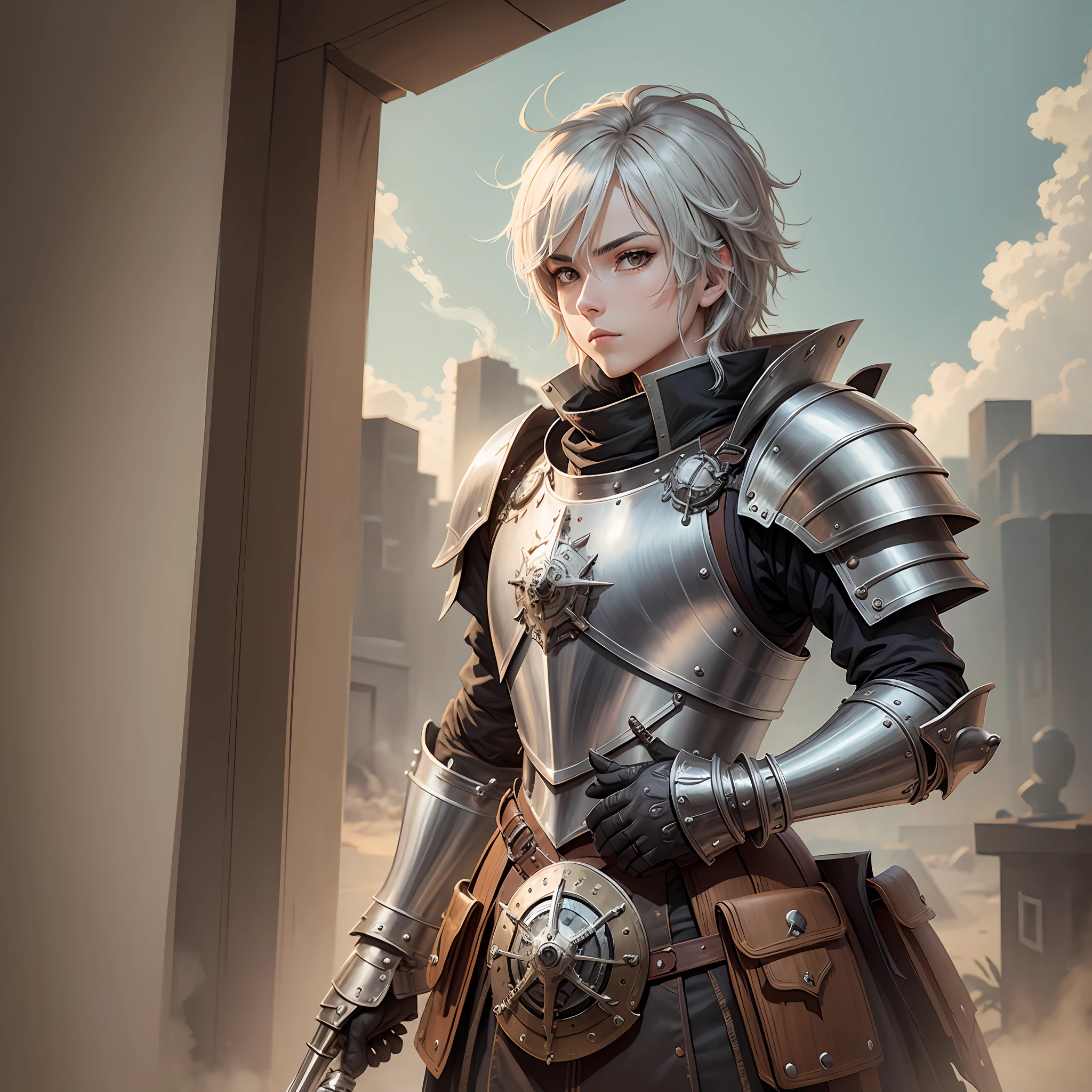 A knight in steampunck plate armor in anime drawing style
