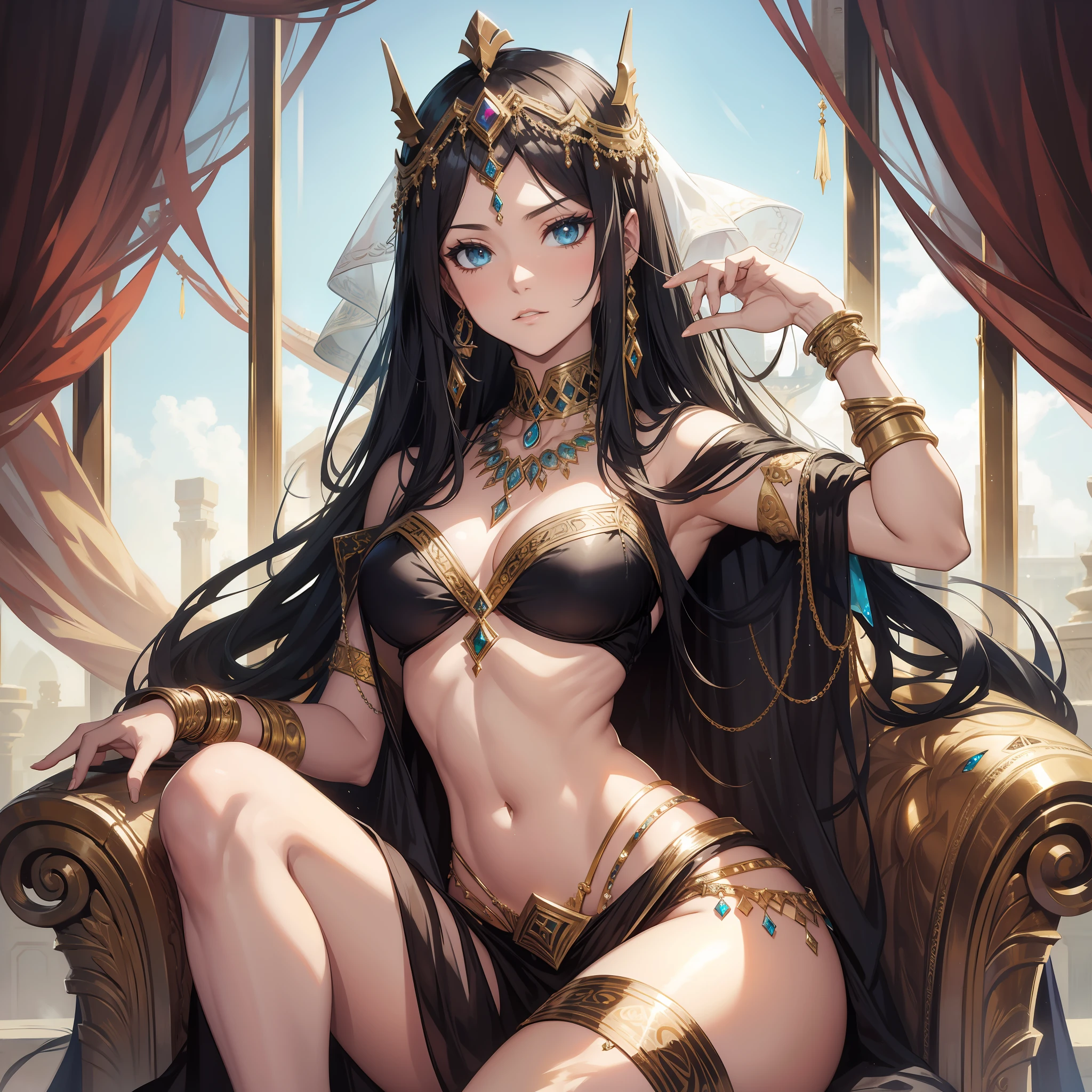 ancient arabian fantasy, beautiful arabian queen, cool, edgy, sitting on throne, royal, jewelry