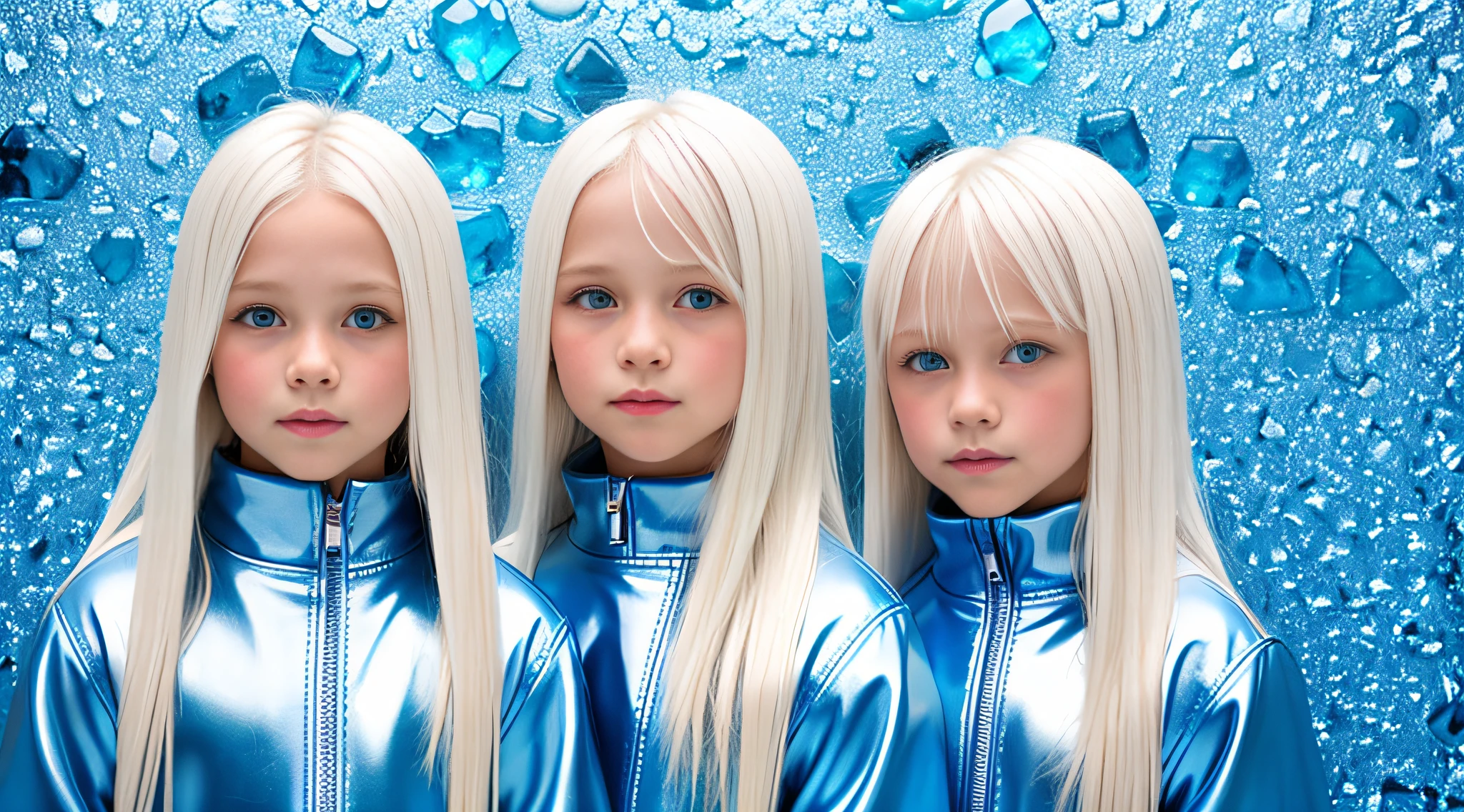 girls platinum blonde children WITH STRAIGHT HAIR, BACKGROUND peroil blue, ice very ice.