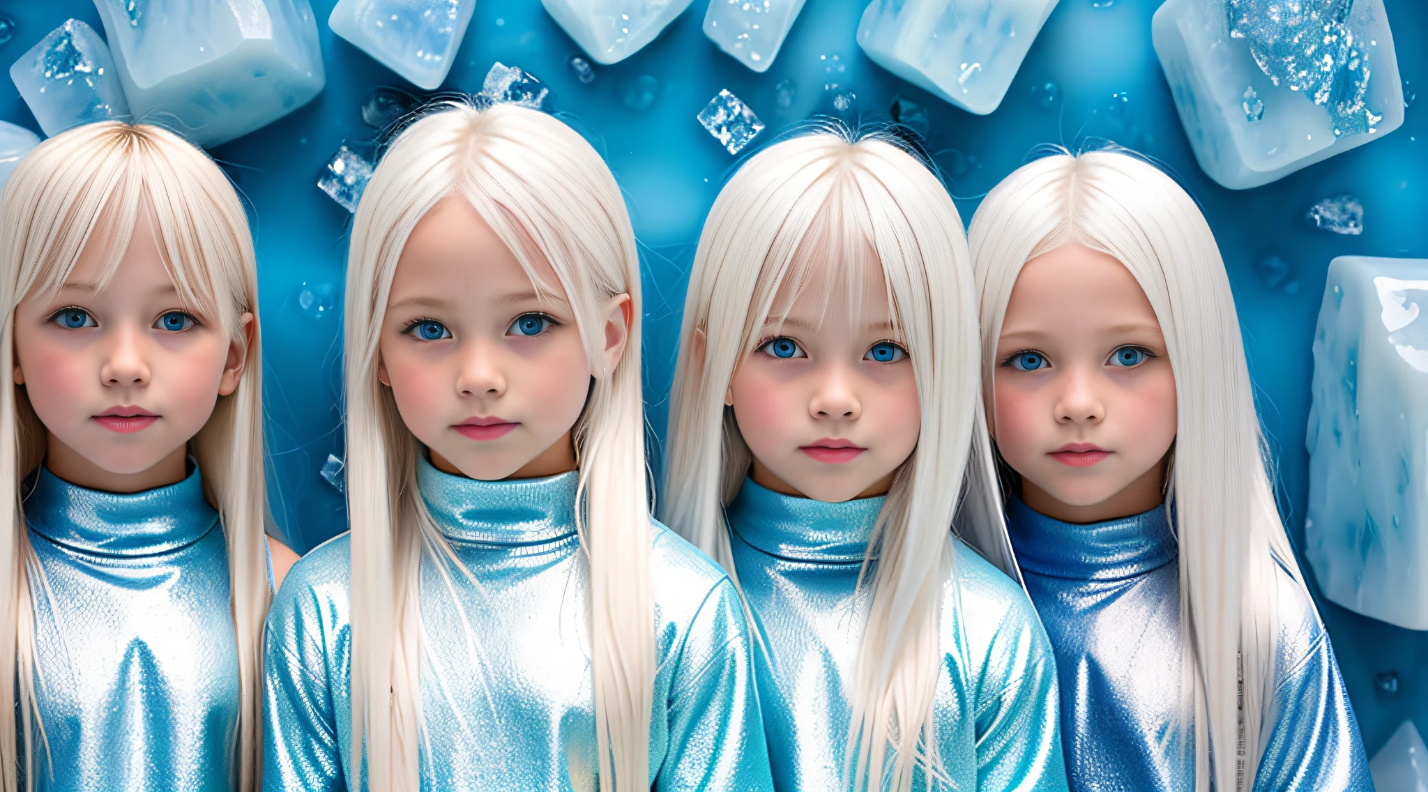 girls platinum blonde children WITH STRAIGHT HAIR, BACKGROUND peroil blue, ice very ice.