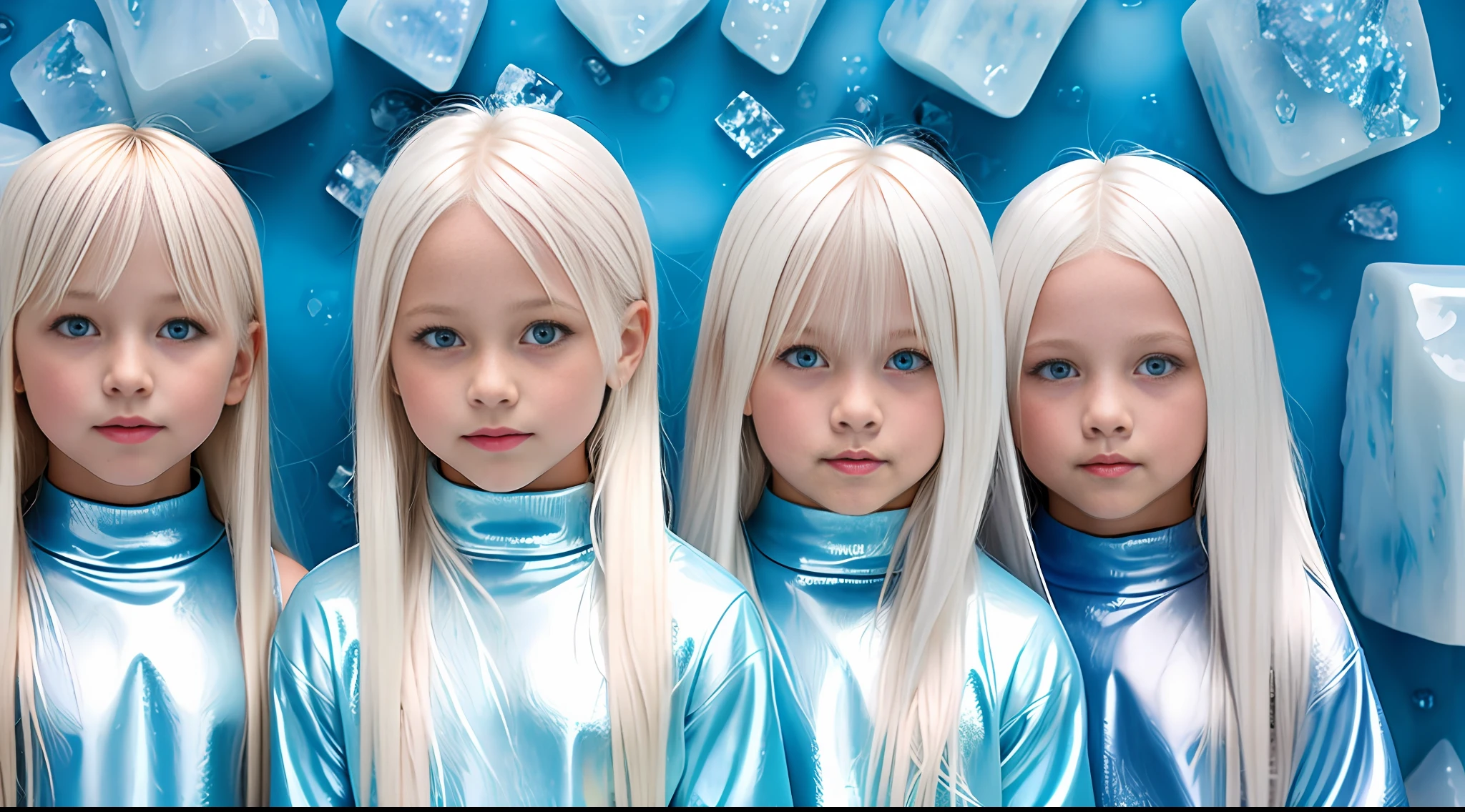 girls platinum blonde children WITH STRAIGHT HAIR, BACKGROUND peroil blue, ice very ice.
