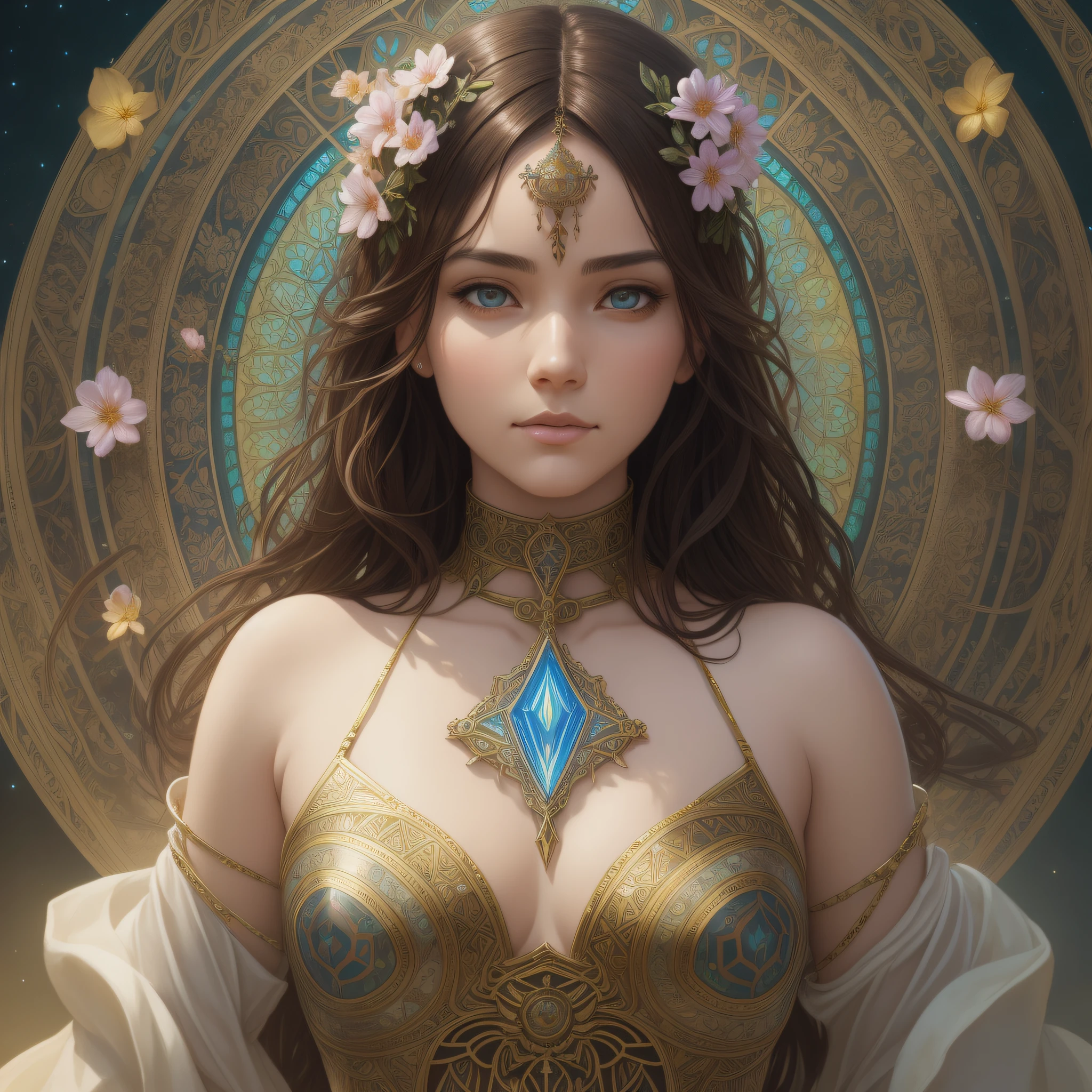 Woman with a short brown hair in a flower dress, spiritual, detailed, detailed face, detailed skin, front, cover, unzoom, choker, DMT, Sacred, Aura, becoming spiritual, photorealistic ultrarealistic, 8k, artstation hyperdetailed painting, luminism, lighting Bar, complex, conceptual art portrait of 4k resolution by Greg Rutkowski, Artgerm, WLOP, Alphonse Mucha, small fusion pojatti realistic gothic, isometric details bioluminescens fractals :   an impressive realistic photograph 30 years