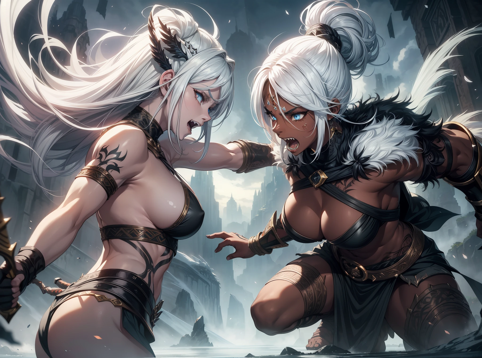 best quality ultra-detailed, fantasy art, an extremely delicate and beautiful depiction of a muscular barbarian warrior girl with a six-pack, tattoos, and a fierce expression on her face that's both angry and laughing simultaneously),(dark skin+white hair:1.3),sharp teeth,big weapon, dramatic lighting, epic battle scene, dynamic pose and angle