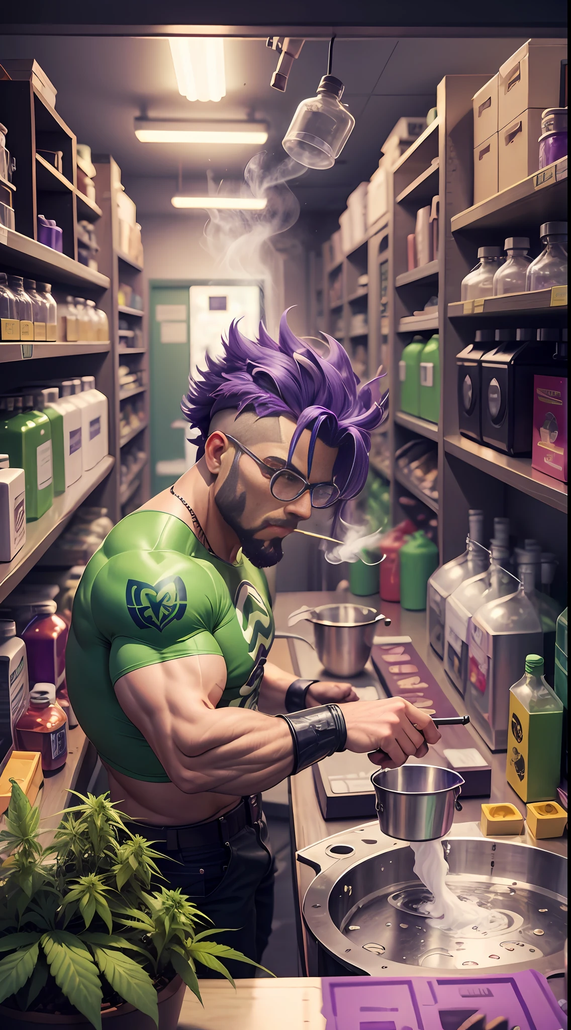 a cartoon marijuana leaf,smoking cannabis,strong man style dc superheroes,chemical lab style scenarios,quite detailed scenery,cannabis smoking equipment,purple hair, --auto --s2