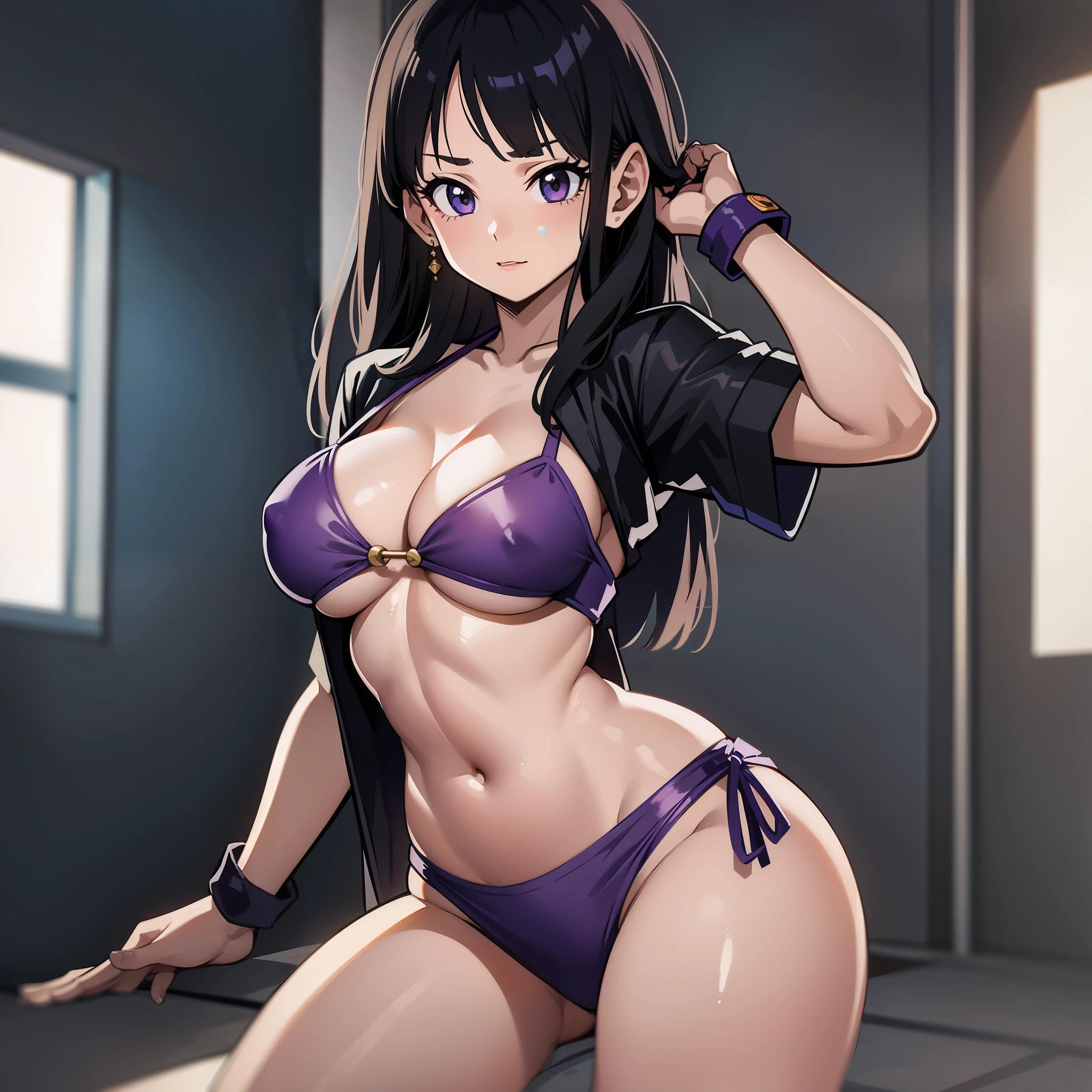 Chichi, sketch, 1girl, solo, breasts, bikini, Dragon ball z, stripping, taking off clothes but not naked, big breasts, cleavage, sexy, black hair