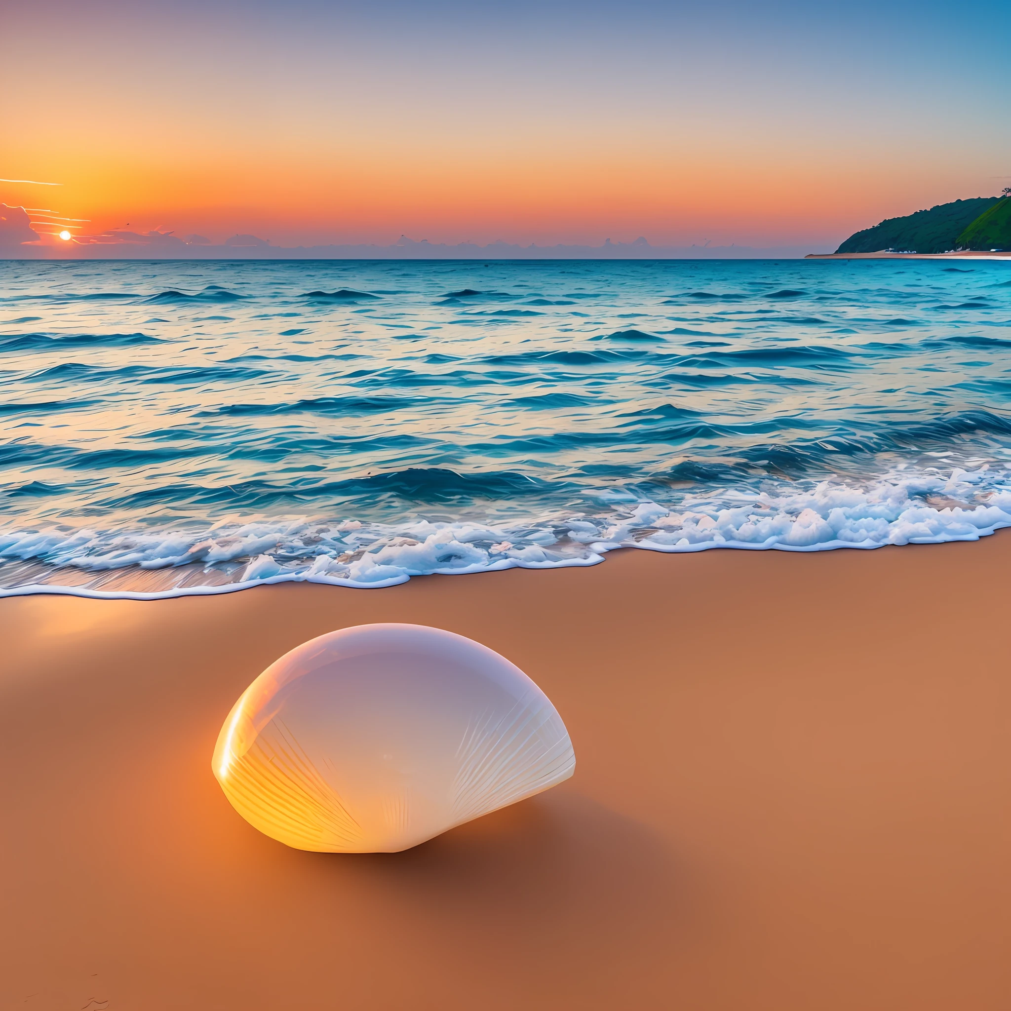 Artistic challenge: Create a high-definition photographic image that depicts the magnificent union between a shell and a pearl, situated on the edge of a paradisiacal beach. The shell, white in color and detailed texture, rests delicately on the fine sand of the beach, with soft foams of the sea enveloping it. Its interior houses an iridescent pearl, which glows with shades of cream and pink, reflecting the sunlight. Use a 50mm lens in high definition to magnify the details of the shell and pearl, highlighting their unique beauty. The surrounding landscape is composed of lush coastal vegetation, with coconut trees rippling in the wind, while the sea of crystal clear waters stretches to the horizon. The sun sets slowly, painting the sky with a spectacle of orange and gold colors, whose reflections merge with the surface of the sea, creating a charming scenery. This image captures the essence of serenity, preciousness and harmony found in nature. Awaken the beauty of the shell and pearl by magnifying the details with a 50mm lens, and immerse yourself in the magical atmosphere of this stunning beach." --auto --s2