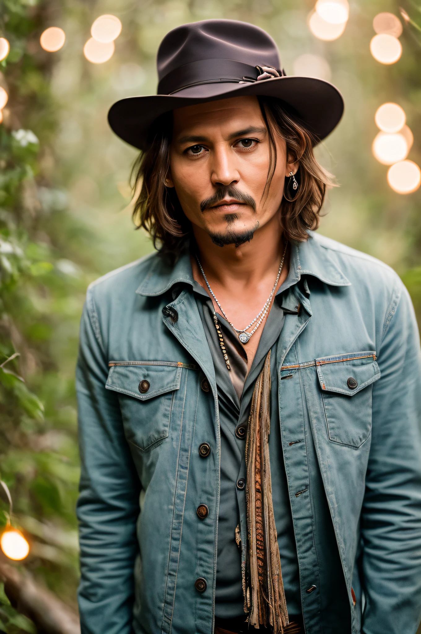 masterpiece, johnny depp walking through the jungle (night among fireflies), (high detail:1 1), rough face, natural skin, high quality, nsfw, beautiful eyes, (detailed face and eyes), (face: 1 2), noise, extra, real photo, PSD, lamp film photography, sharp focus, contrast lighting, detailed skin, high resolution 8k, crazy detail, realistic, professional photography, 8k UHD, SLR camera, soft lighting, high quality, film grain, Fujifilm XT3