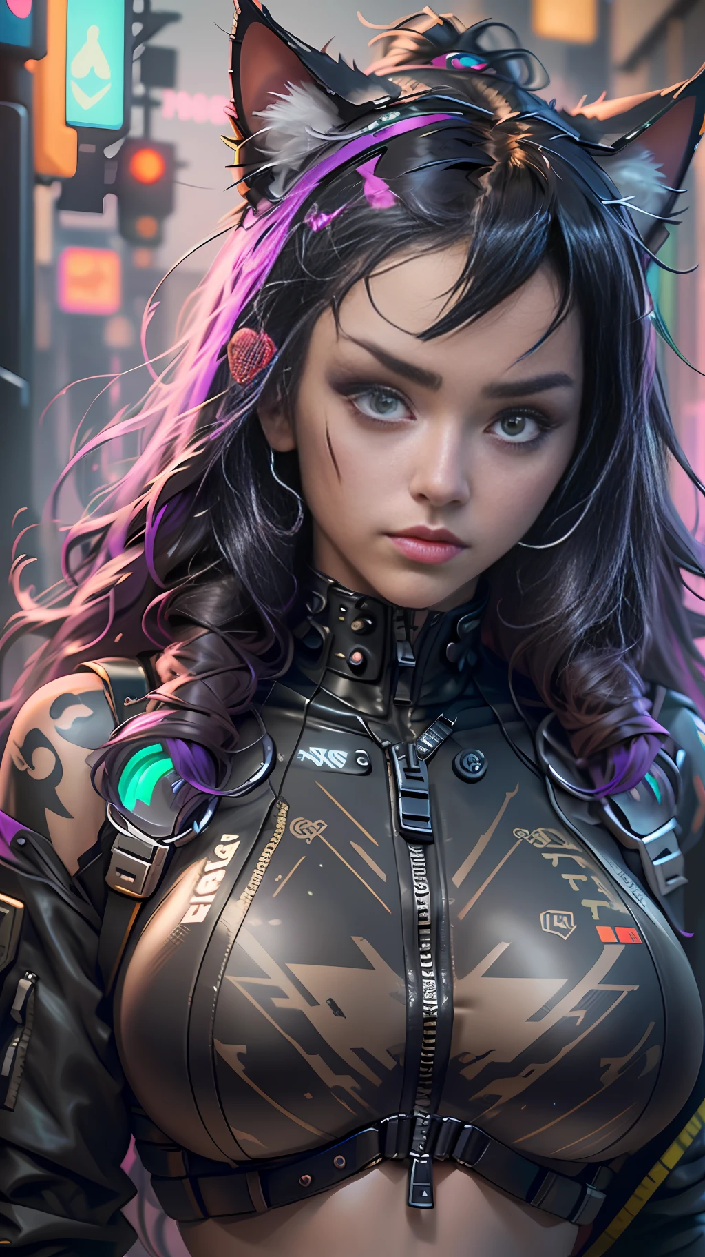 Cyberpunk neko catgirl with cyberpunk prosthetics portrait photograph, cat ears, tech jacket, big breasts, long hair, cyberpunk city streets, futuristic style, Sci-fi, hyper detailed, photorealism, hyper realism, painting, 8K, HD, super resolution , Cinematic lighting, contrasting light and shadow, 8K, HD, Super-Resolution, strong depth of field