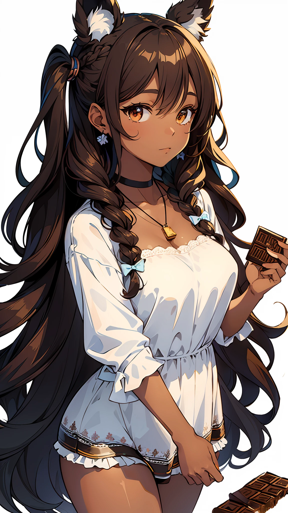 (masterpiece),(best quality),(ultra-detailed),(illustration),detailed candy theme background,(an extremely delicate and beautiful girl),(beautiful face),looking_at_viewer,1 cute black girl with (long curly hair:1.5), ((dark brown skin)), and light brown eyes, (milk chocolate bar theme:1.5), animal ears, animal tail,BREAK, long hair in pigtails,multiple hairbows,ribbons,earring,pendant, candy and sweets all over the background.