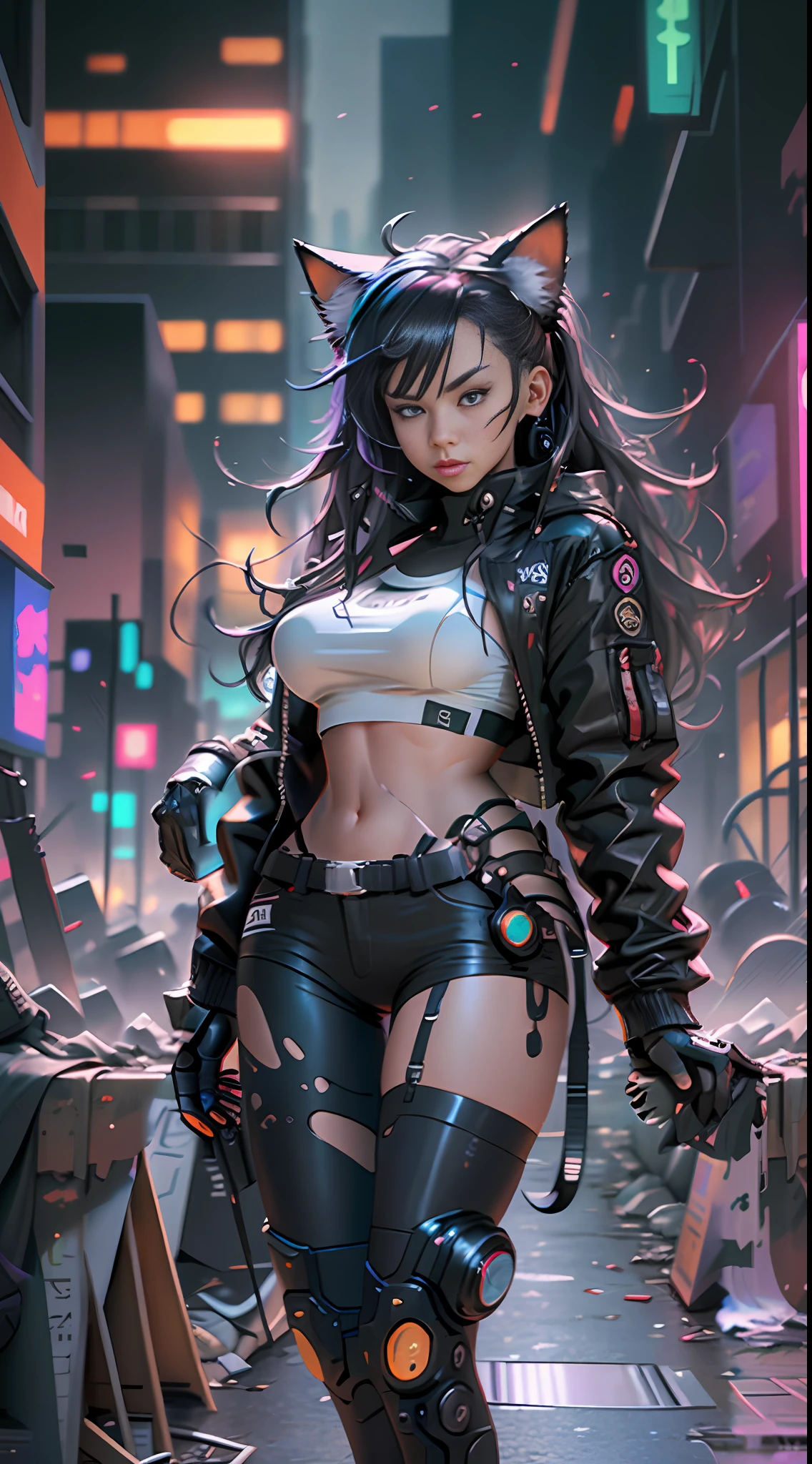 Cyberpunk neko catgirl with cyberpunk prosthetics portrait photograph, cat ears, tech jacket, big breasts, long hair, cyberpunk city streets, futuristic style, Sci-fi, hyper detailed, photorealism, hyper realism, painting, 8K, HD, super resolution , Cinematic lighting, contrasting light and shadow, 8K, HD, Super-Resolution, strong depth of field