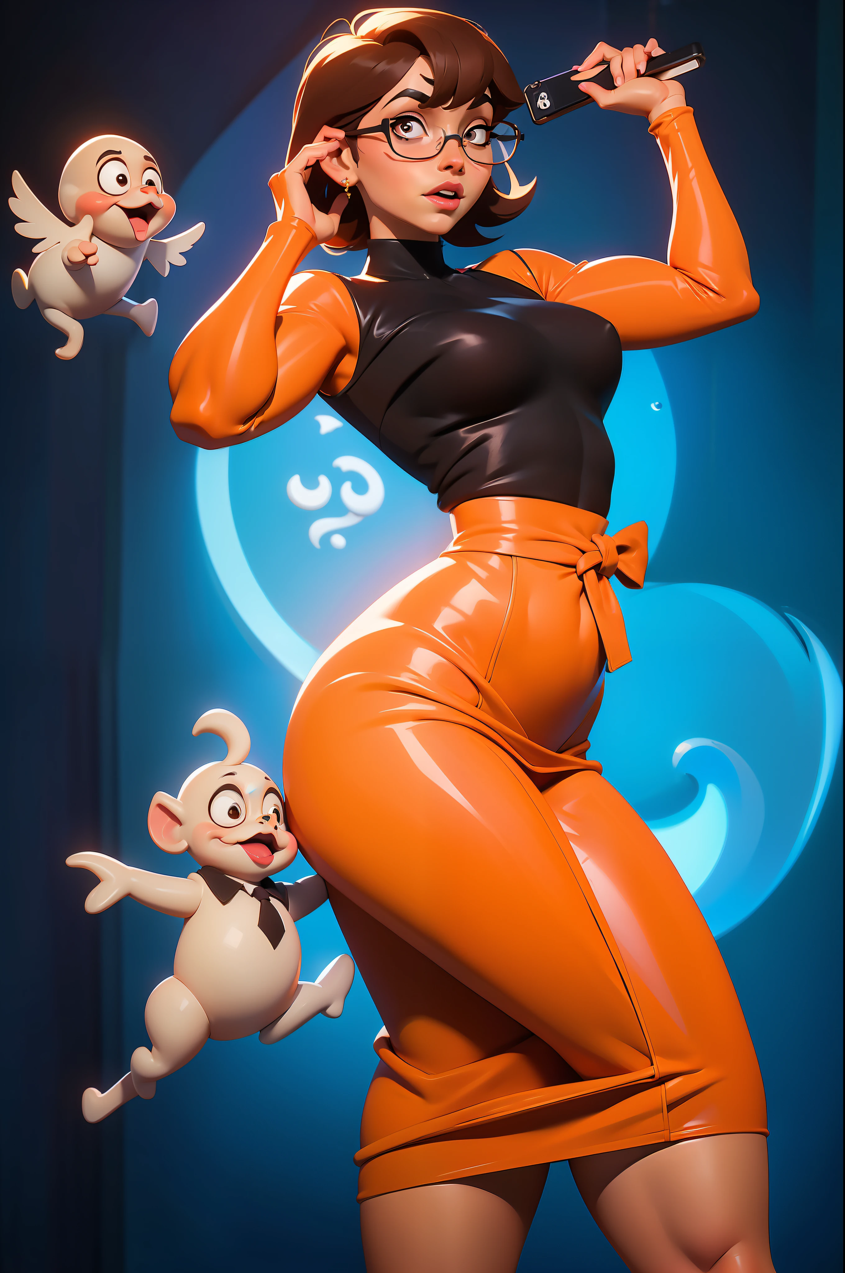 (((waist up))), (((perfect body))), (((voluptuous))), (((hot))), thick thighs, Velma Dace Dinkley teenager (from the Scooby-Doo series), posing for self with a ghost behind her, arm stretched out for freight as if she were holding a cell phone, comedic scene, perfect body, gorgeous and intelligent face, front view, mini skirt, glasses, big breasts, hot, short brown hair, orange turtleneck blouse,  red skirt, waist up