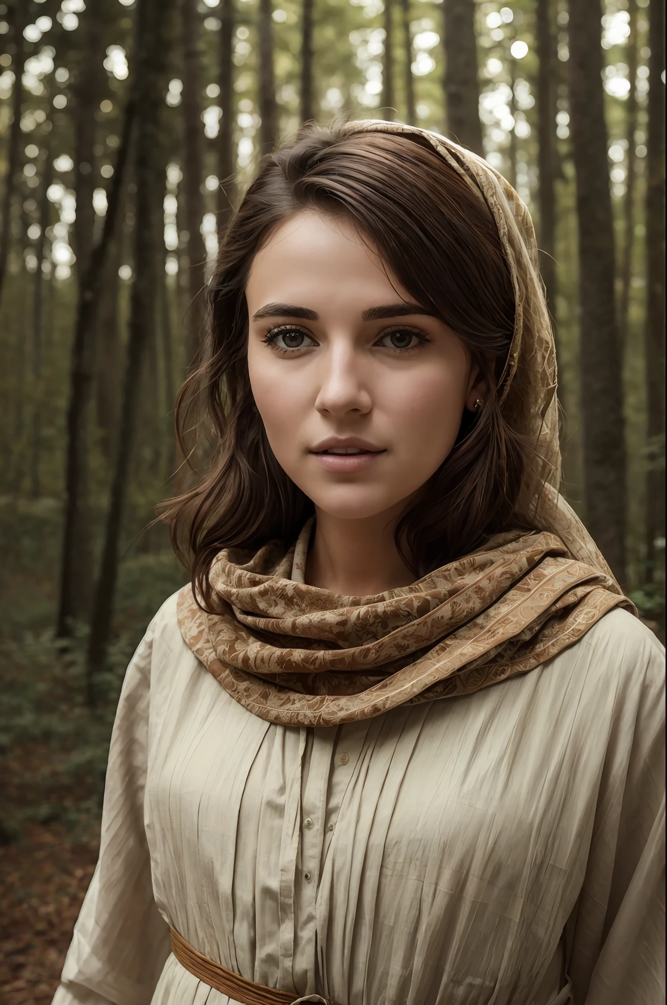 ((((woman in traditional dress strolling in the woods)))))a photorealistic portrait of an incredibly beautiful woman without makeup, extremely detailed light green eyes, detailed symmetrical realistic face, natural skin texture, extremely detailed skin with skin pores, peach fuzz, messy hair, wearing shawl, masterpiece, absurdities, photo awarded by lee jeffries, nikon d850 film photography, kodak camera portra 400 lens f1.6, extremely detailed, amazing, fine details, rich colors, hyper realistic texture, dramatic lighting, unrealengine, trend in artstation, cinestill 800 tungsten, looking at the viewer, realistic photo, RAW photo, TanvirTamim, high quality, high resolution, sharp focus, extremely detailed, cinematic lighting, 8k uhd