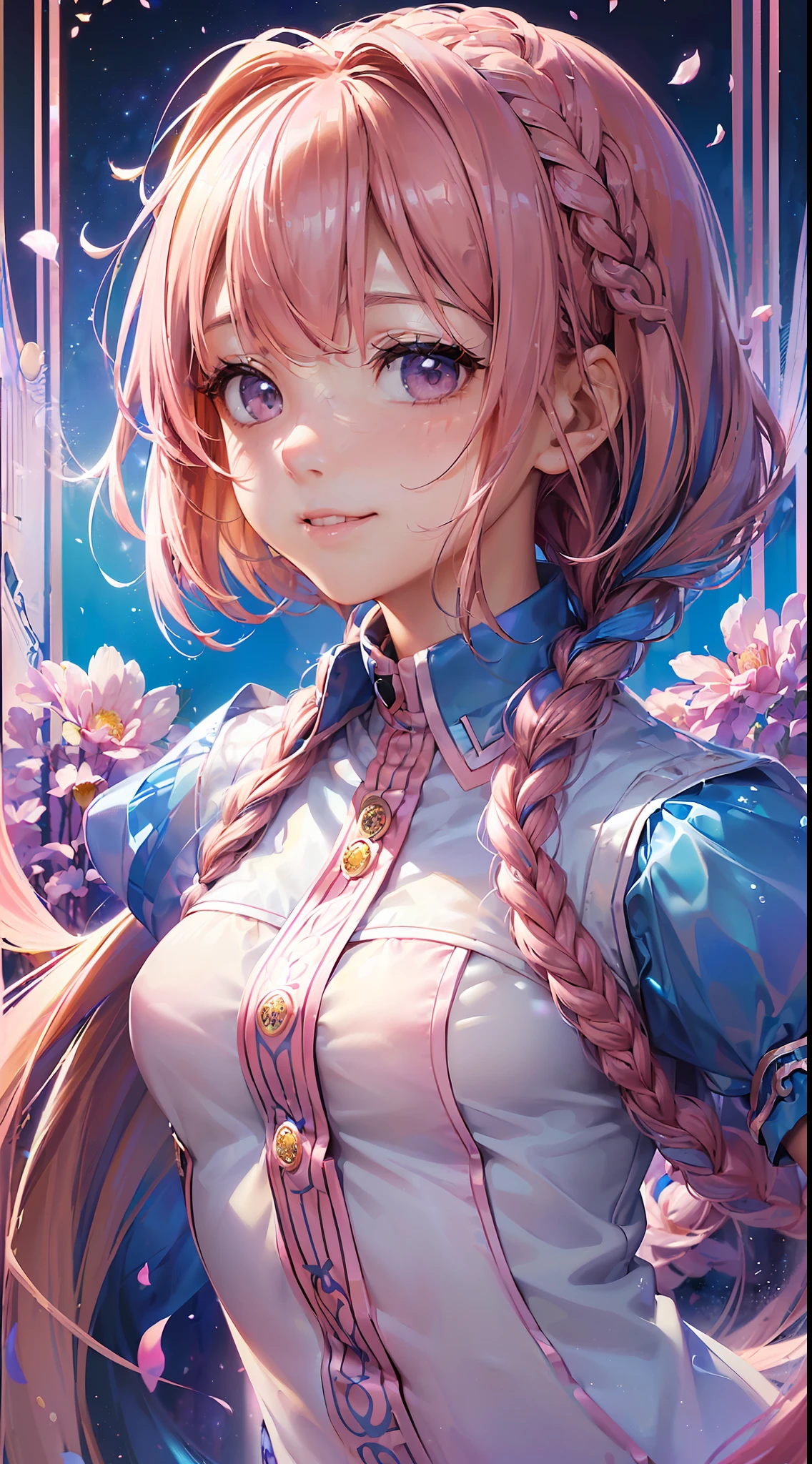 High resolution, ultra detail, ((((2D))), Japan person, 1 girl, 16 year old high school girl, (((pink hair)), intricate and beautiful braided hairstyle, pink school uniform, designer uniform, short sleeves, bob hair, dull bangs, finely detailed eyes, golden ratio face, 8 life-size, sunlight, complex iridescent light grains, complex light reflection, background blue sky, transparency, hidden beauty, smile, depiction with depth, whole body, full of energy, looking at the viewer, fantastic depiction, complex attraction, tenderness overflowing from the inside, neon, beautiful fine petals or dancing, less skin exposed, dynamism,