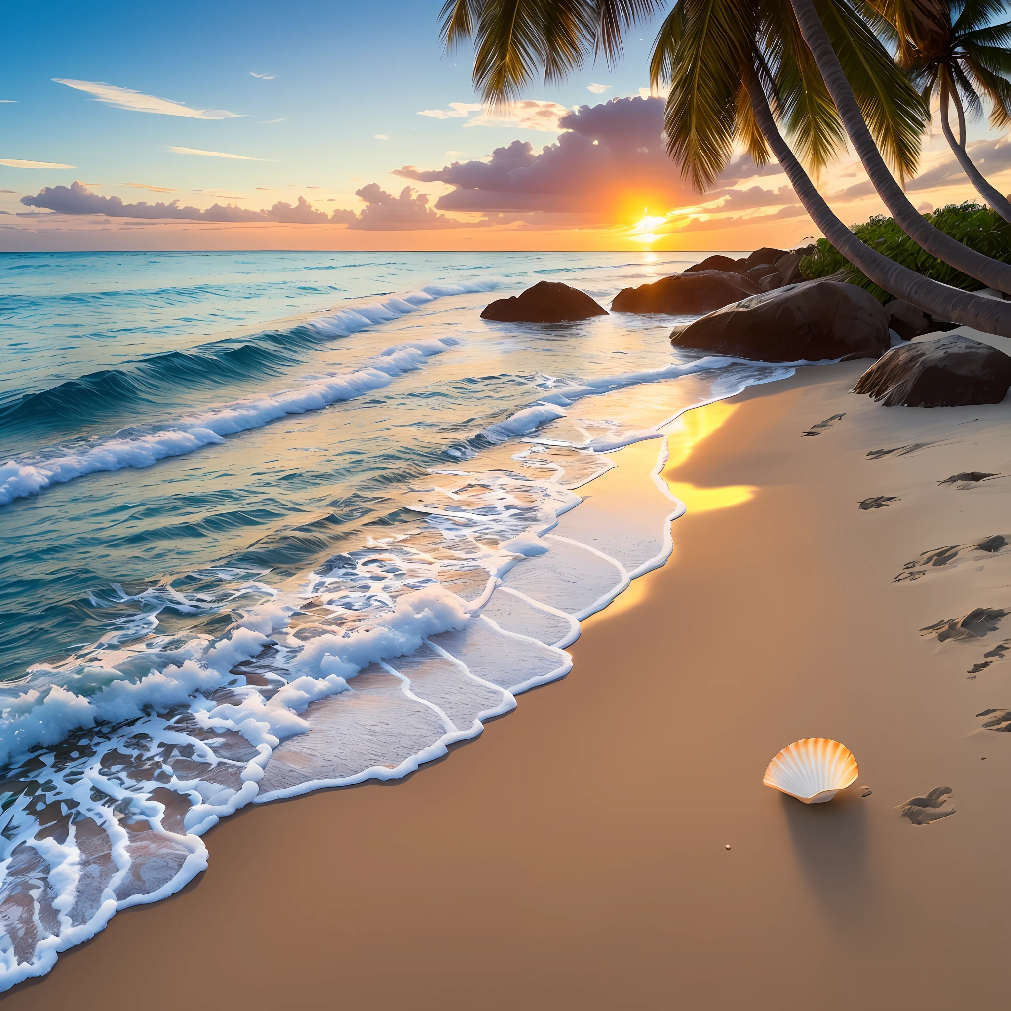 You are challenged to create a realistic image of a shell on the edge of the sea, on a beautiful beach with a lush landscape. The shell is white in color with a soft sheen and contains a delicate pearl inside. The crystal clear sea water is gently touching the shell, enveloping it with white foams and small drops of water. The sun is setting on the horizon, painting the sky with orange and gold hues, while its reflections shine on the surface of the sea. The beach is composed of fine, clear sand, decorated with shells and small waves crumbling into the sand. The surrounding landscape is lush, with coconut trees, tropical plants and distant mountains. Create an image that captures the serenity, natural beauty and harmony between the shell, the pearl, the sea and the beach, in a magical scene in the late afternoon." --auto --s2