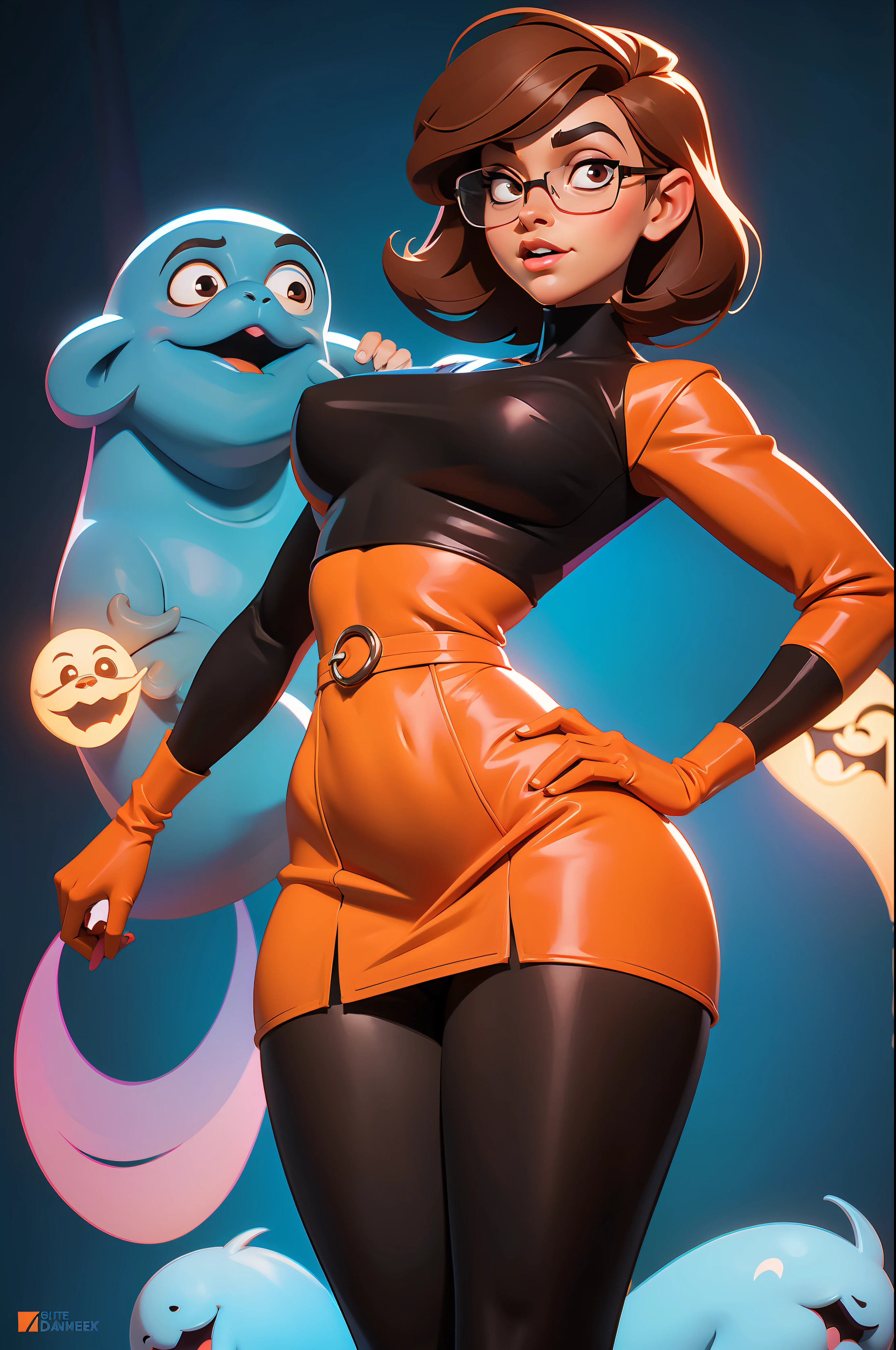 (((waist up))), (((perfect body))), (((voluptuous))), (((hot))), thick thighs, Velma Dace Dinkley ager (from the Scooby-Doo series), posing for self with a ghost behind her, arm stretched out for freight as if she were holding a cell phone, comedic scene, perfect body, gorgeous and intelligent face, front view, mini skirt, glasses, big breasts, hot, short brown hair, orange turtleneck blouse, red skirt, waist up