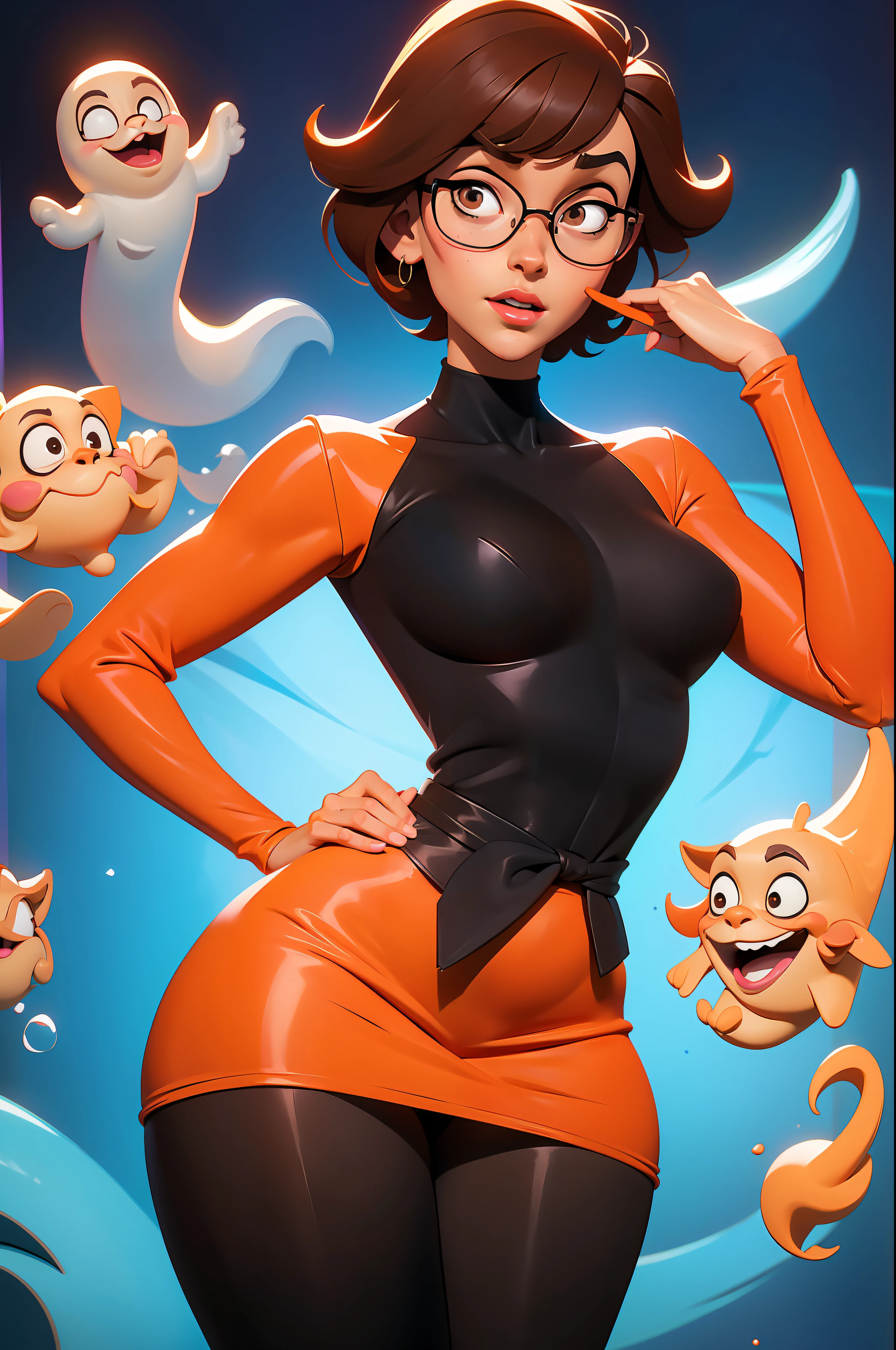 (((waist up))), (((perfect body))), (((voluptuous))), (((hot))), thick thighs, Velma Dace Dinkley teenager (from the Scooby-Doo series), posing for self with a ghost behind her, arm stretched out for freight as if she were holding a cell phone, comedic scene, perfect body, gorgeous and intelligent face, front view, mini skirt, glasses, big breasts, hot, short brown hair, orange turtleneck blouse,  red skirt, waist up