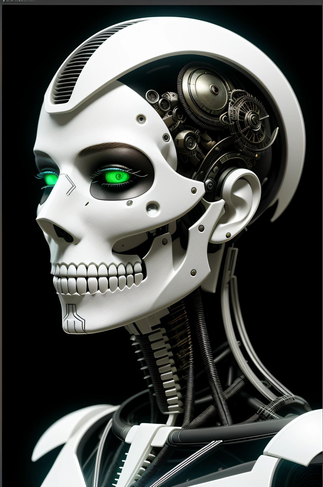 ultra detailed side portrait of female android, beautiful attractive latina woman with white skine, (dia de los muertos), cyberpunk, face is decorated with bone art deco patterns, female android, very white skine, intrincate robot body, skull decoration, catrina, sharp focus, sci - fi, fantasy art, digital illustration. octane render, unreal engine, global illumination, intricate detailed. art by  giger and greg rutkowski and  , 8 k