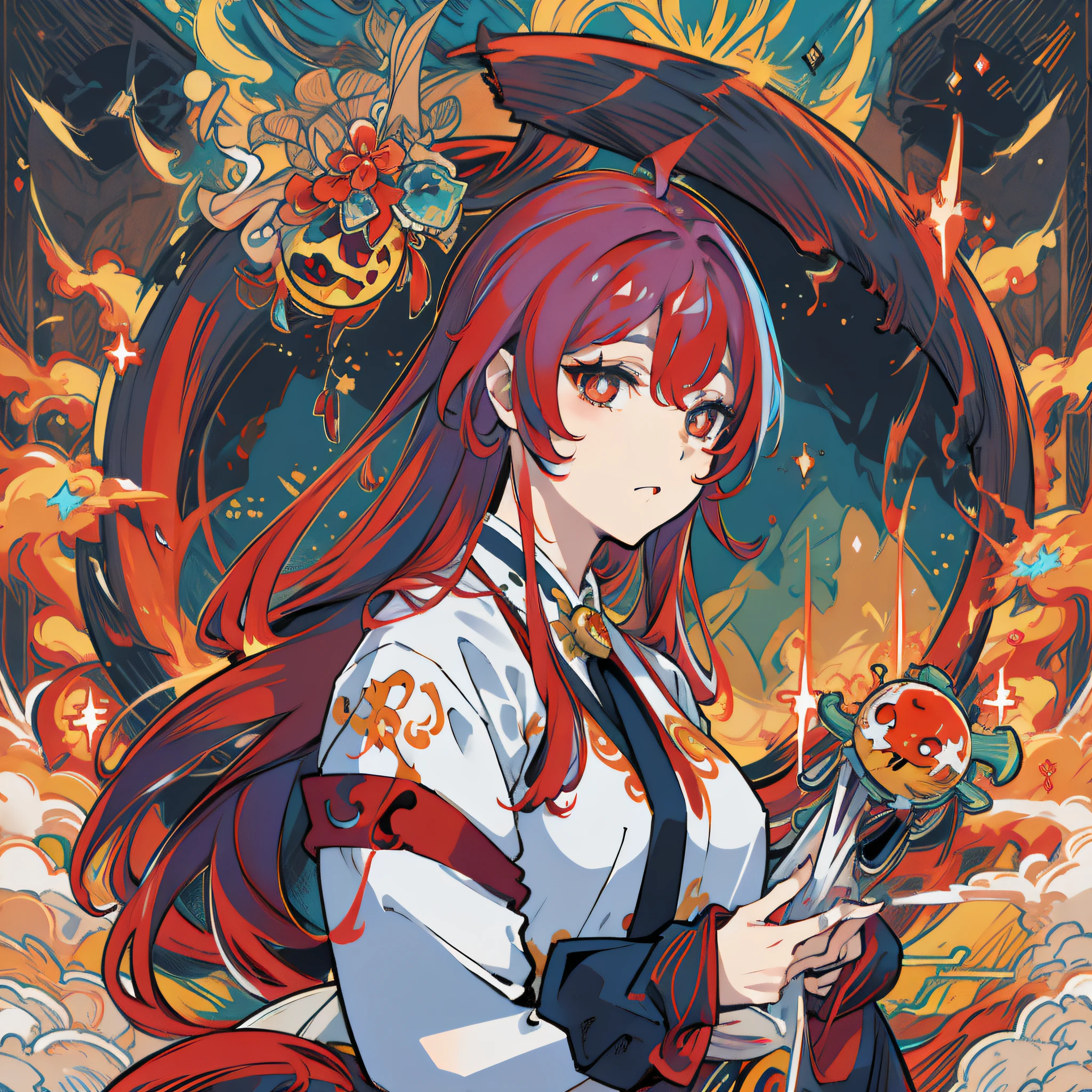 Concept art, portrait of a charming priestess from Japan mythology, Amaterasu who became a dragon, wearing a business suit, red hair, dragon god, ryujin, anime girl, odd eye, kaleidoscope beautiful eyes, sun, shining like the sun, superstar, NFT art, Ethereum, using only pastel color palette, kawaii, retro-futuristic, most beautiful images, 4K, Anime Art