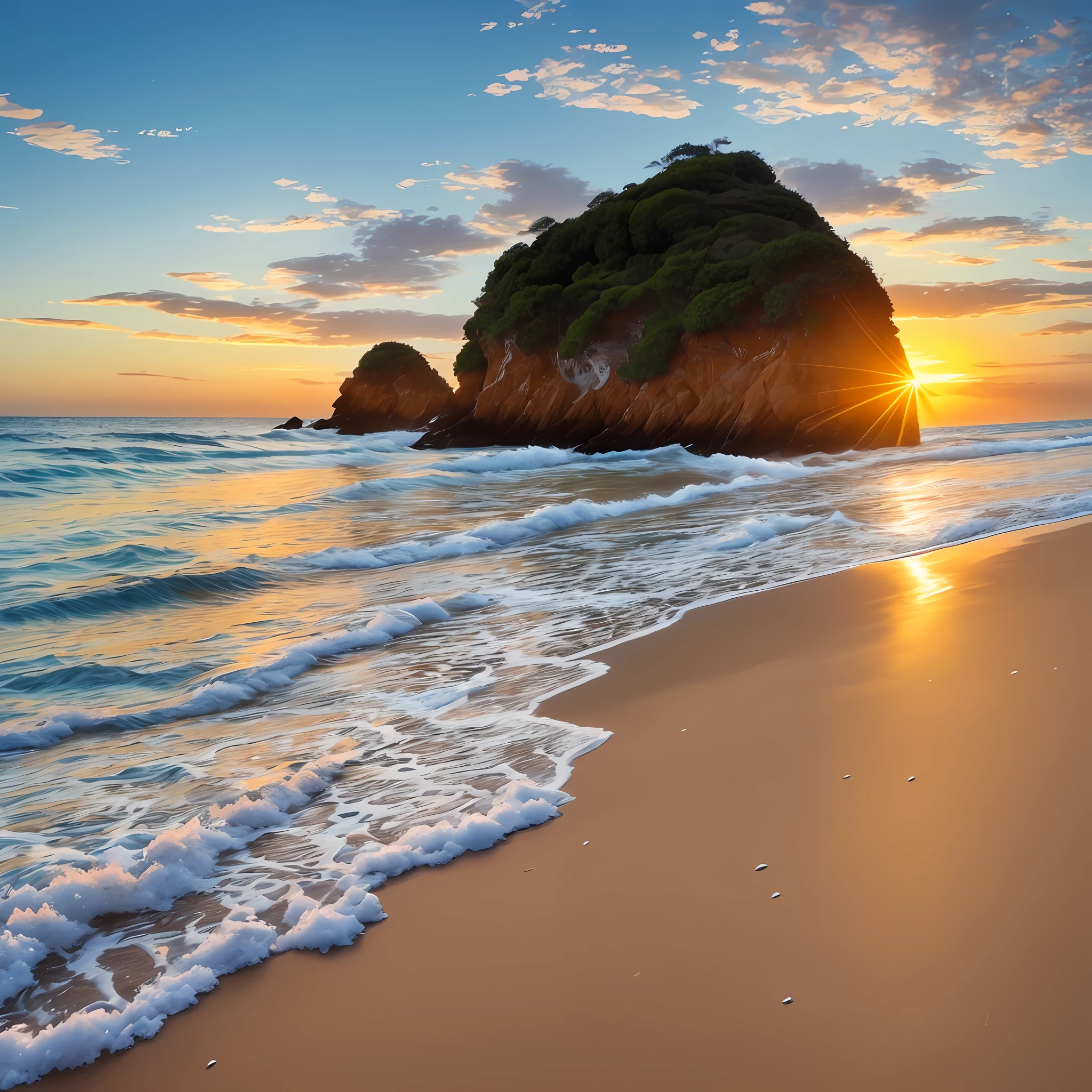 You are challenged to create a realistic image of a shell on the edge of the sea, on a beautiful beach with a lush landscape. The shell is white in color with a soft sheen and contains a delicate pearl inside. The crystal clear sea water is gently touching the shell, enveloping it with white foams and small drops of water. The sun is setting on the horizon, painting the sky with orange and gold hues, while its reflections shine on the surface of the sea. The beach is composed of fine, clear sand, decorated with shells and small waves crumbling into the sand. The surrounding landscape is lush, with coconut trees, tropical plants and distant mountains. Create an image that captures the serenity, natural beauty and harmony between the shell, the pearl, the sea and the beach, in a magical scene in the late afternoon." --auto --s2