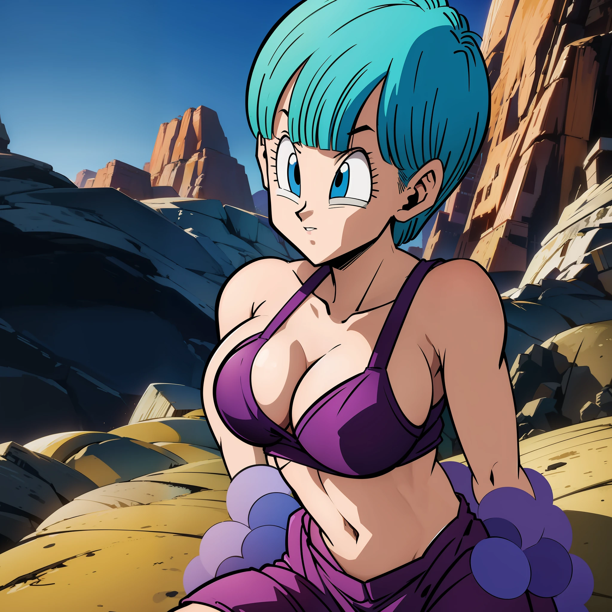Bulma, sketch, 1girl, solo, breasts, bikini, bangs, beach, Dragon ball z, stripping, colored box background, big breasts, cleavage