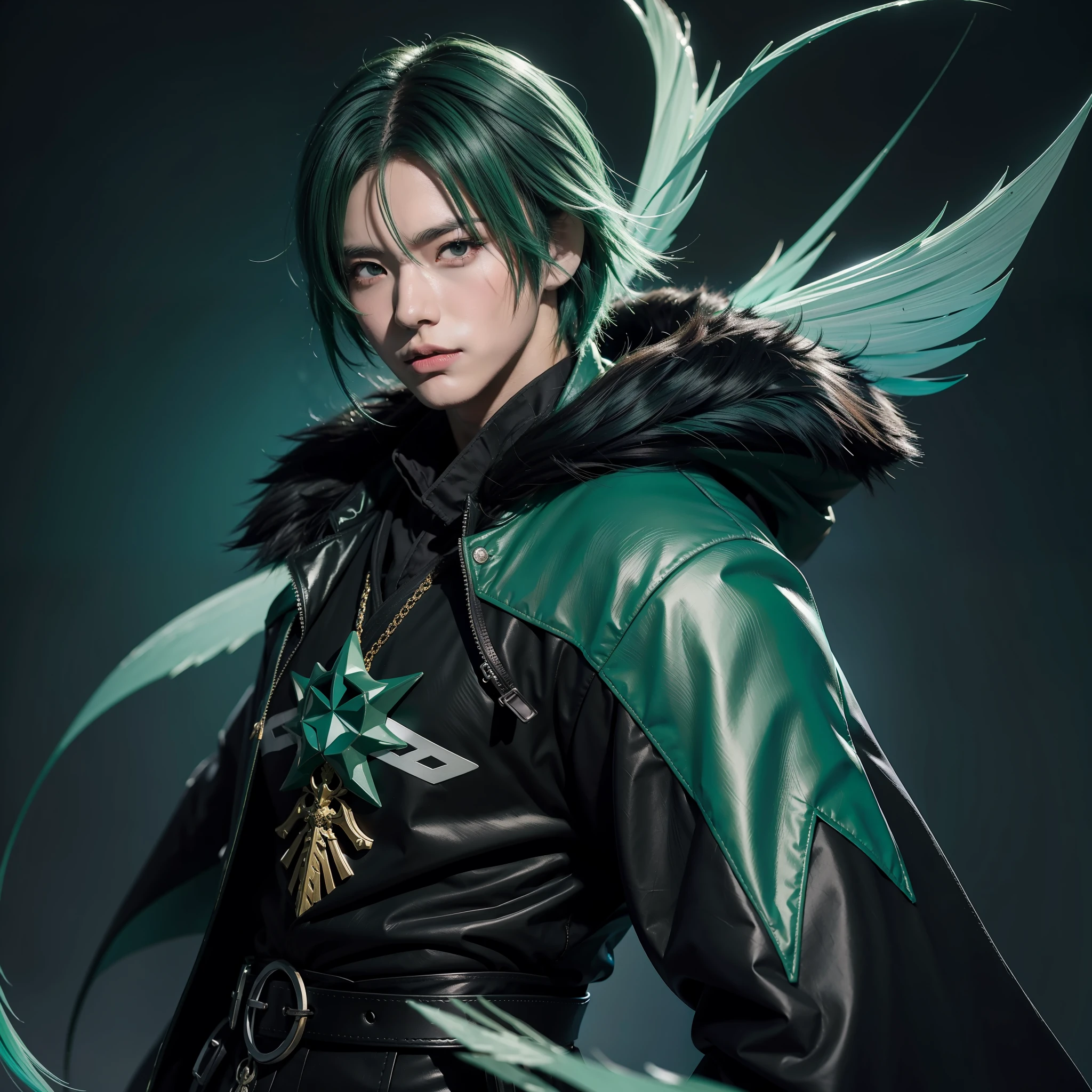 anime character with green hair and black wings in front of a blue background, key anime art, zerochan art, by Yang J, keqing from genshin impact, trending on artstation pixiv, best anime 4k konachan wallpaper, anime art wallpaper 8 k, handsome guy in demon slayer art, with a green cloak, pixiv, from arknights