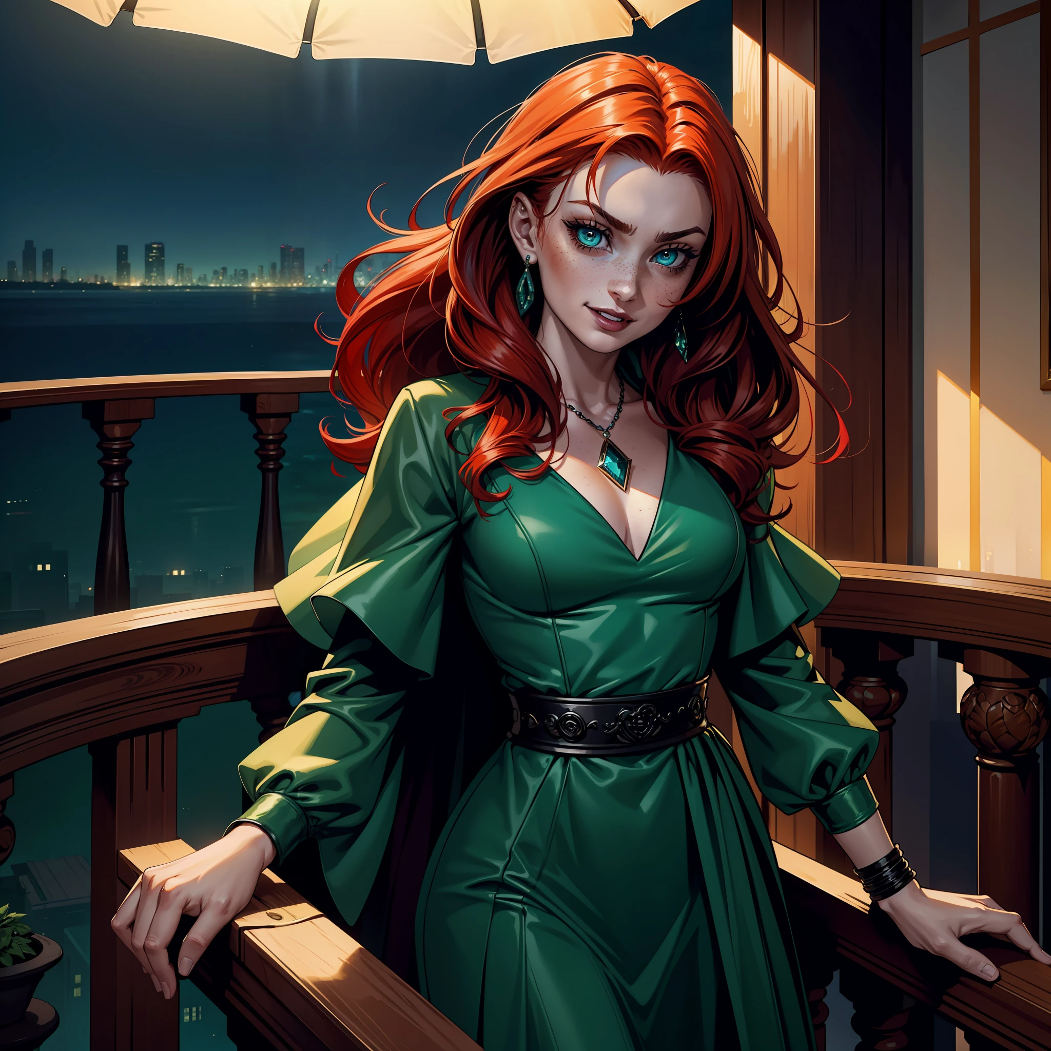 (extremely detailed 8k wallpaper), dark theme, Vampire the Masquerade, modern horror, 2020s, beautiful girl, wearing green dress, sharp focus, (subsuperficial scattering:1.1), award-winning photography, centered face, Sophie Turner's face, half-body photo:1.1, ((teenage child)), 12 years old, red hair, freckles on face, wearing lots of expensive jewelry, green blue eyes:1.2,  big smile of debauchery, on the balcony of a luxury apartment overlooking the beach at night, dramatic lighting