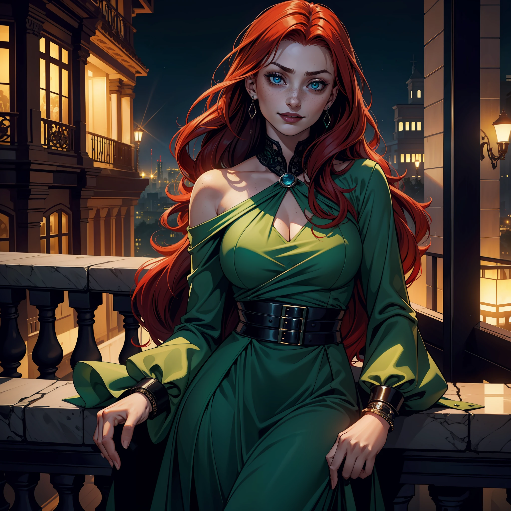 (extremely detailed 8k wallpaper), dark theme, Vampire the Masquerade, modern horror, 2020s, beautiful girl, wearing green dress, sharp focus, (subsuperficial scattering:1.1), award-winning photography, centered face, Sophie Turner's face, half-body photo:1.1, ((teenage child)), 12 years old, red hair, freckles on face, wearing lots of expensive jewelry, green blue eyes:1.2,  big smile of debauchery, on the balcony of a luxury apartment overlooking the beach at night, dramatic lighting