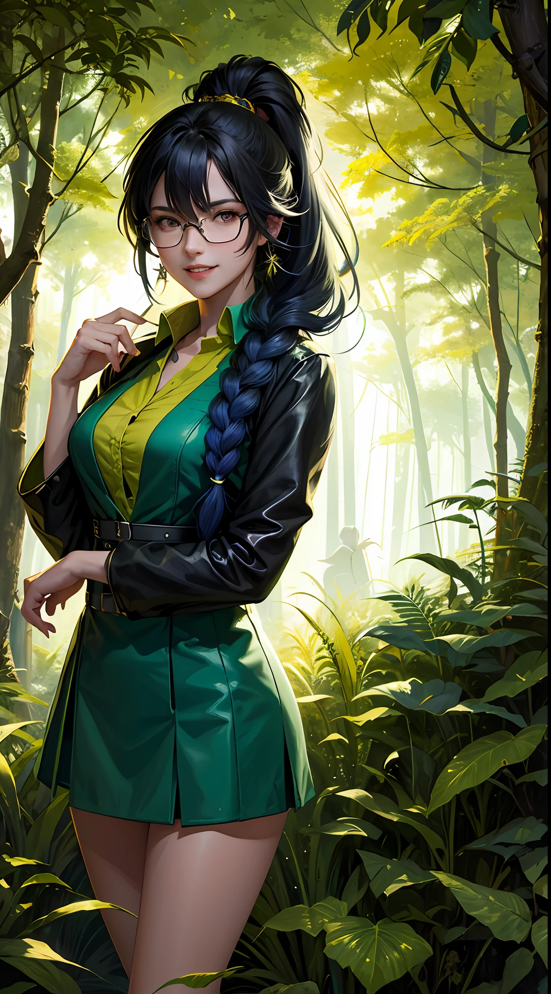 A girl walks in the deep forest, The sun shines on the body through the leaves, rainbow hair, ponytail, single braid, sunglasses, crystal earrings, grin, high detail, anime style, ray tracing, cinematic lighting, chiaroscuro, symmetry, first-person view, best quality, 8k