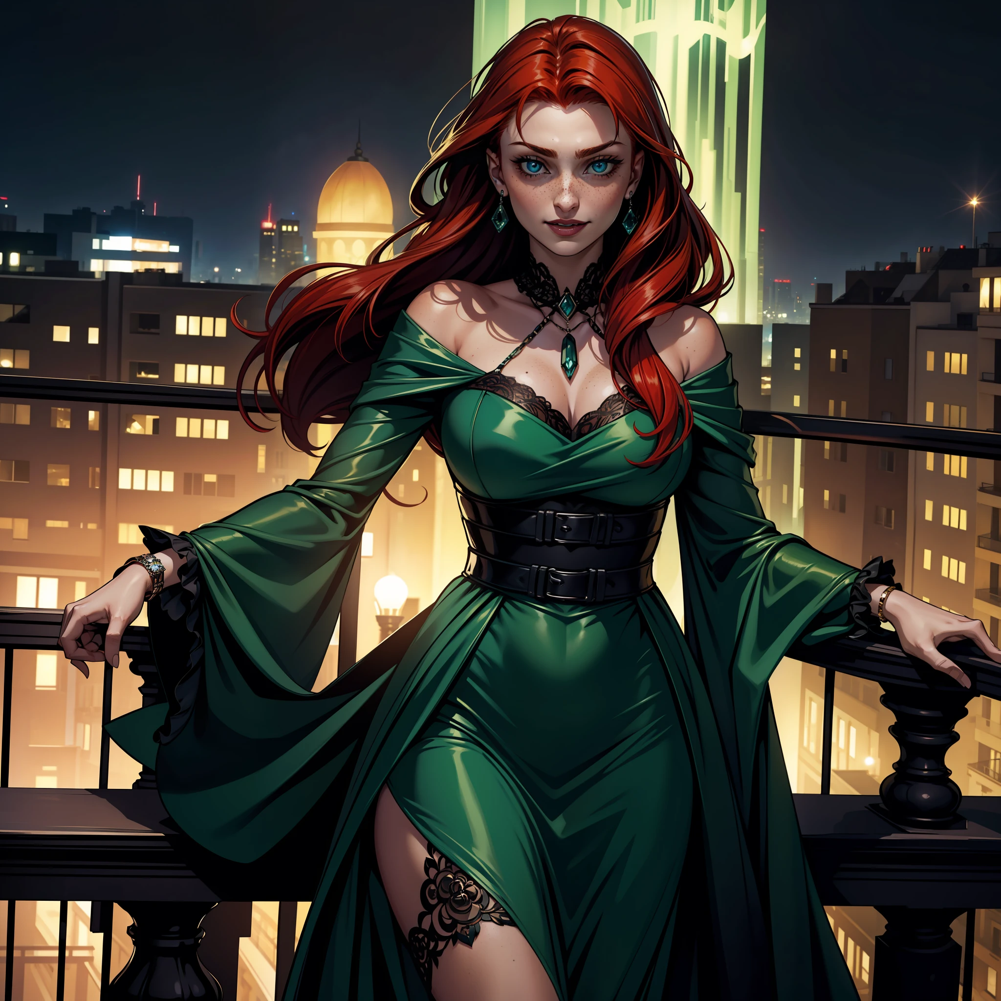 (extremely detailed 8k wallpaper), dark theme, Vampire the Masquerade, modern horror, 2020s, beautiful girl, wearing green dress, sharp focus, (subsuperficial scattering:1.1), award-winning photography, centered face, Sophie Turner's face, half-body photo:1.1, ((teenage child)), 12 years old, red hair, freckles on face, wearing lots of expensive jewelry, green blue eyes:1.2, big smile of debauchery, on the balcony of a luxury apartment overlooking the beach at night, dramatic lighting