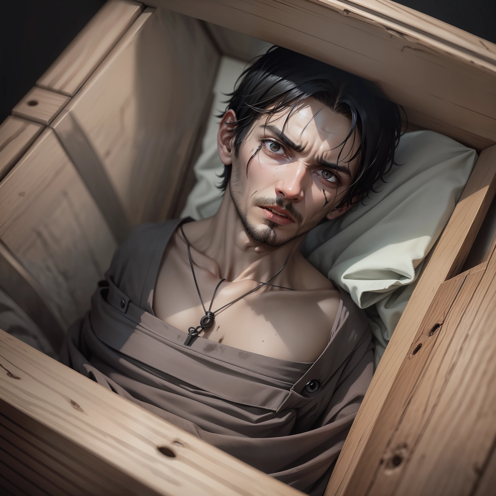 Thin, dirty man, short black hair, black eyes, lying inside a wooden coffin, screaming, eyes wide, darkness, fear in his countenance, night, under the earth