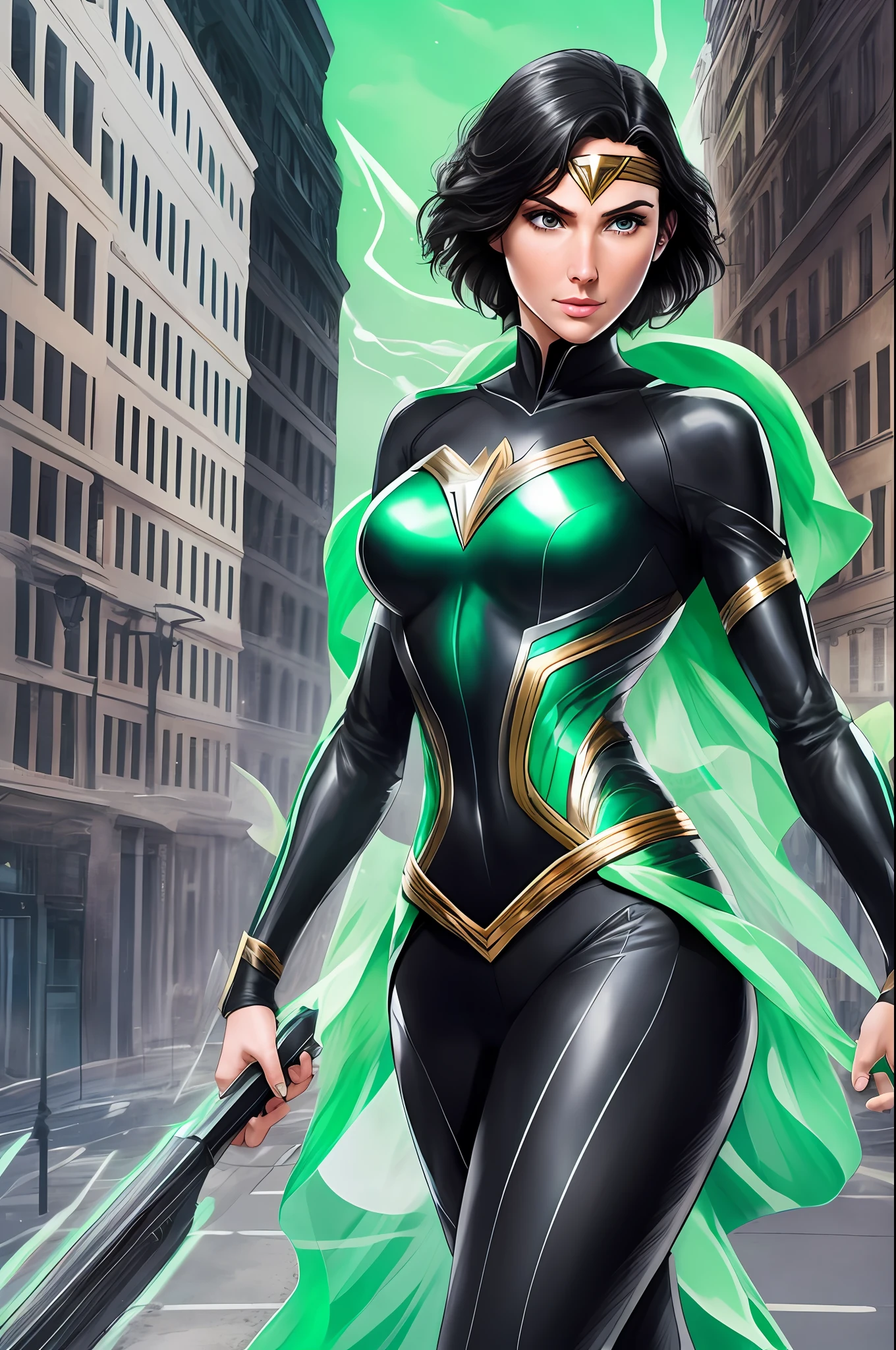Concept character, white background, beautiful Gal Gadot woman, stunning with short black hair and piercing green eyes, walking on a street. Her skin is pale and immaculate, and she has a few freckles scattered on her face. It moves with a graceful, fluid motion. She usually wears a tight black jumpsuit with several pockets and straps. --auto --s2