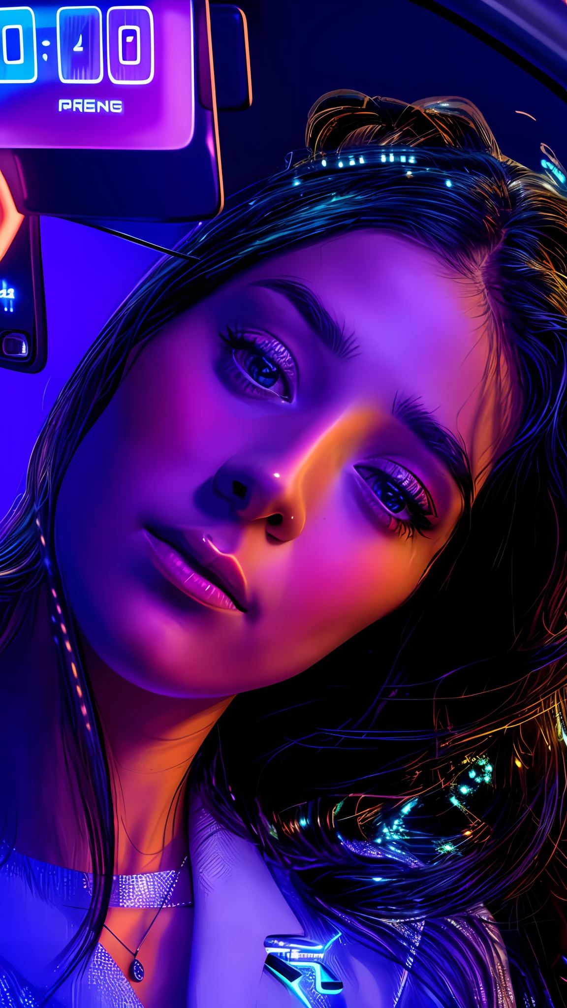 there is a woman taking a picture of herself in a car, glowwave girl portrait, stunning digital illustration, realistic digital art 4 k, realistic digital art 4k, 8 k realistic digital art, hyperrealistic digital painting, 4k highly detailed digital art, photorealistic digital arts, cyberpunk art ultrarealistic 8k, digital art. artstation, beautiful digital artwork
