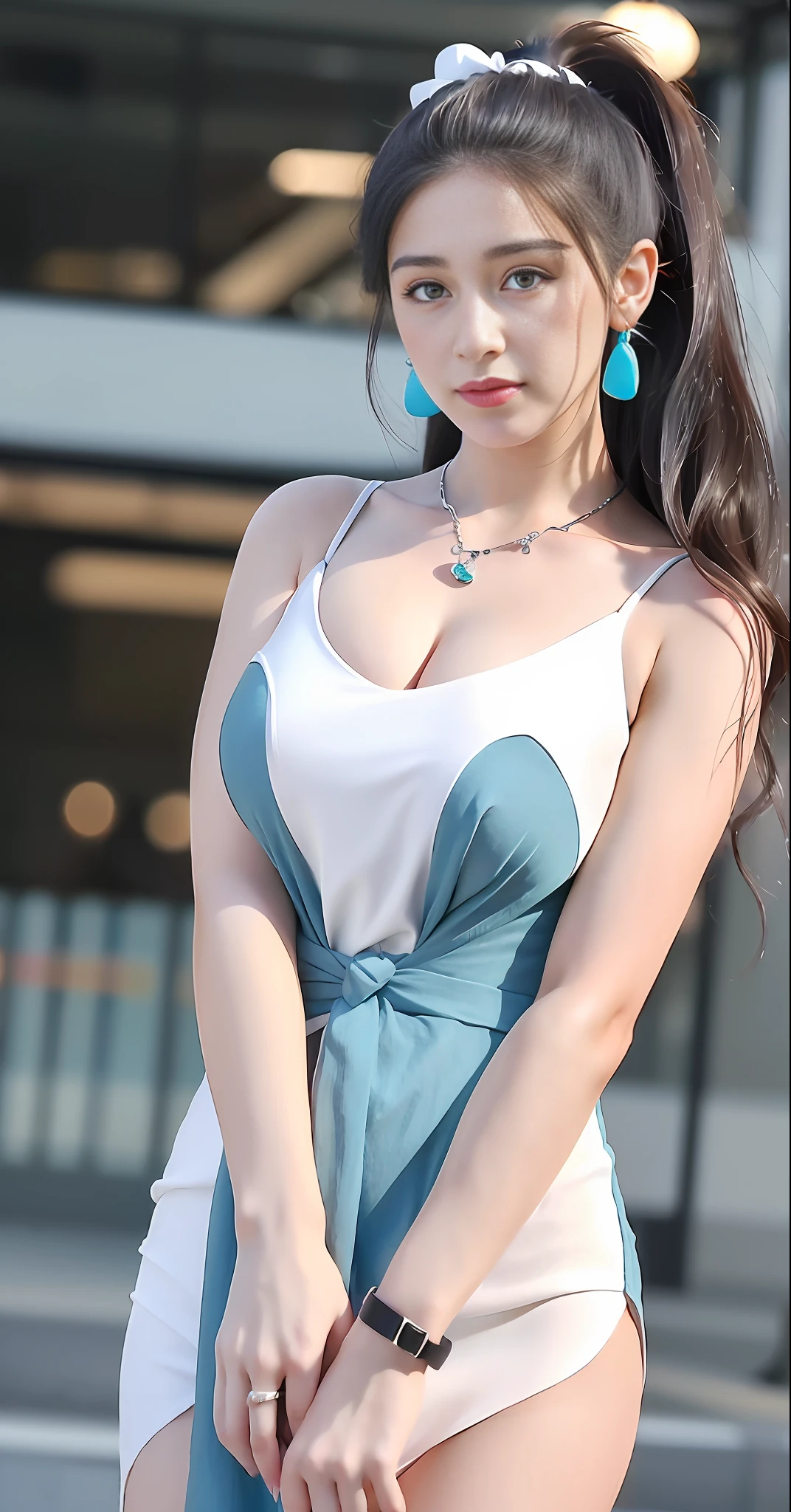 Casual posture, (extremely exquisite and beautiful work), (masterpiece)Lauren Jauregui happy wearing a black dress and a white shirt, , white dress, high detail, lumbago, twisted ponytail, feminine expression, clear and beautiful eyes, turquoise eyes, exquisite necklaces, exquisite earrings, fairy ears, simple blurred background, extreme detail, beautiful figure, exquisite clavicle, charming lips, beautiful breasts, soft back, mix4, (8k, RAW photo, better quality, 1.2)), (realism, realism: 1.37 ), 1 girl, cute, cityscape, night, rain, wet, professional lighting, photon mapping, radiosity, physics-based rendering,
