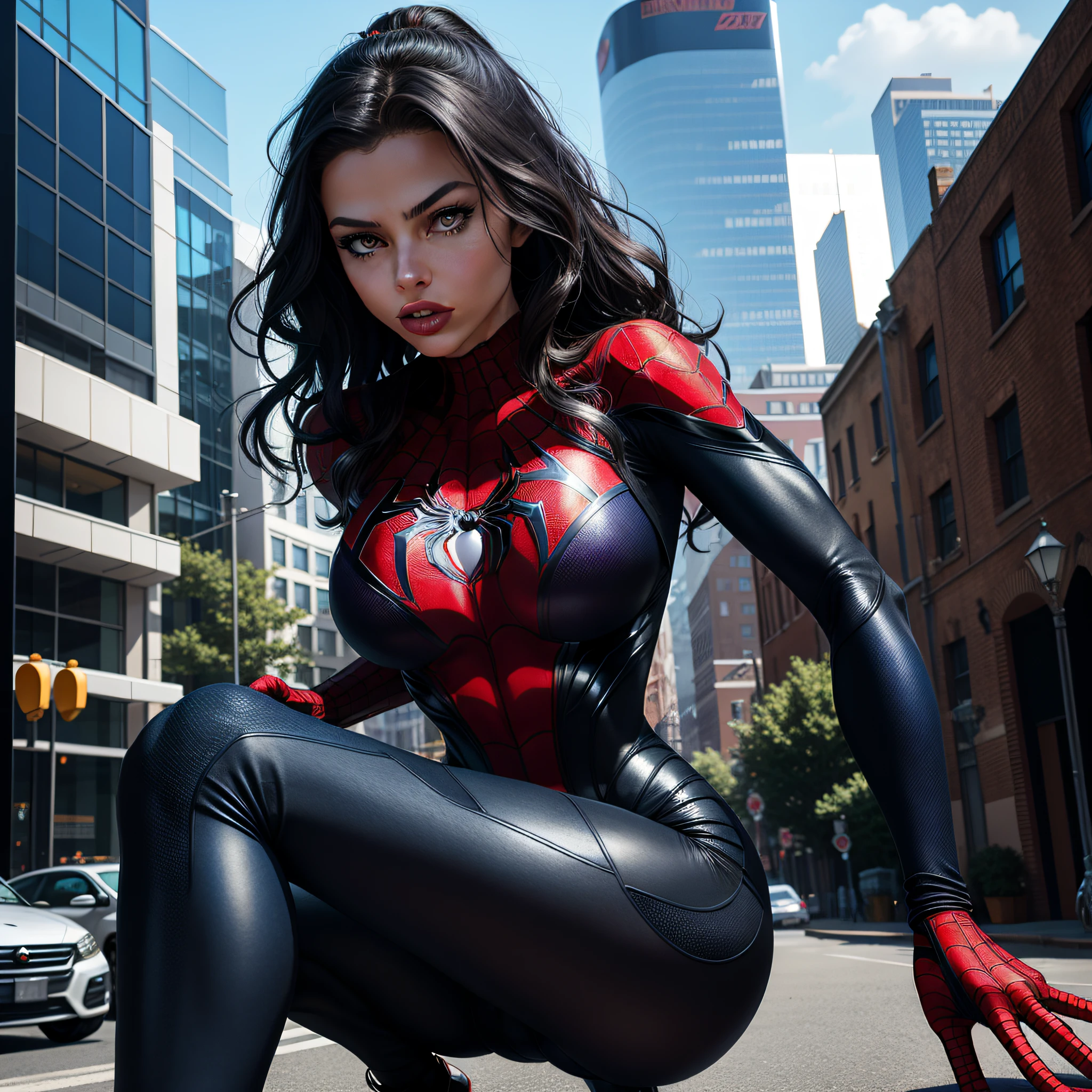 Spider-Man Girl vs Cat Woman, perfect body, tight clothes, perfect body and face, chic body, outdoors