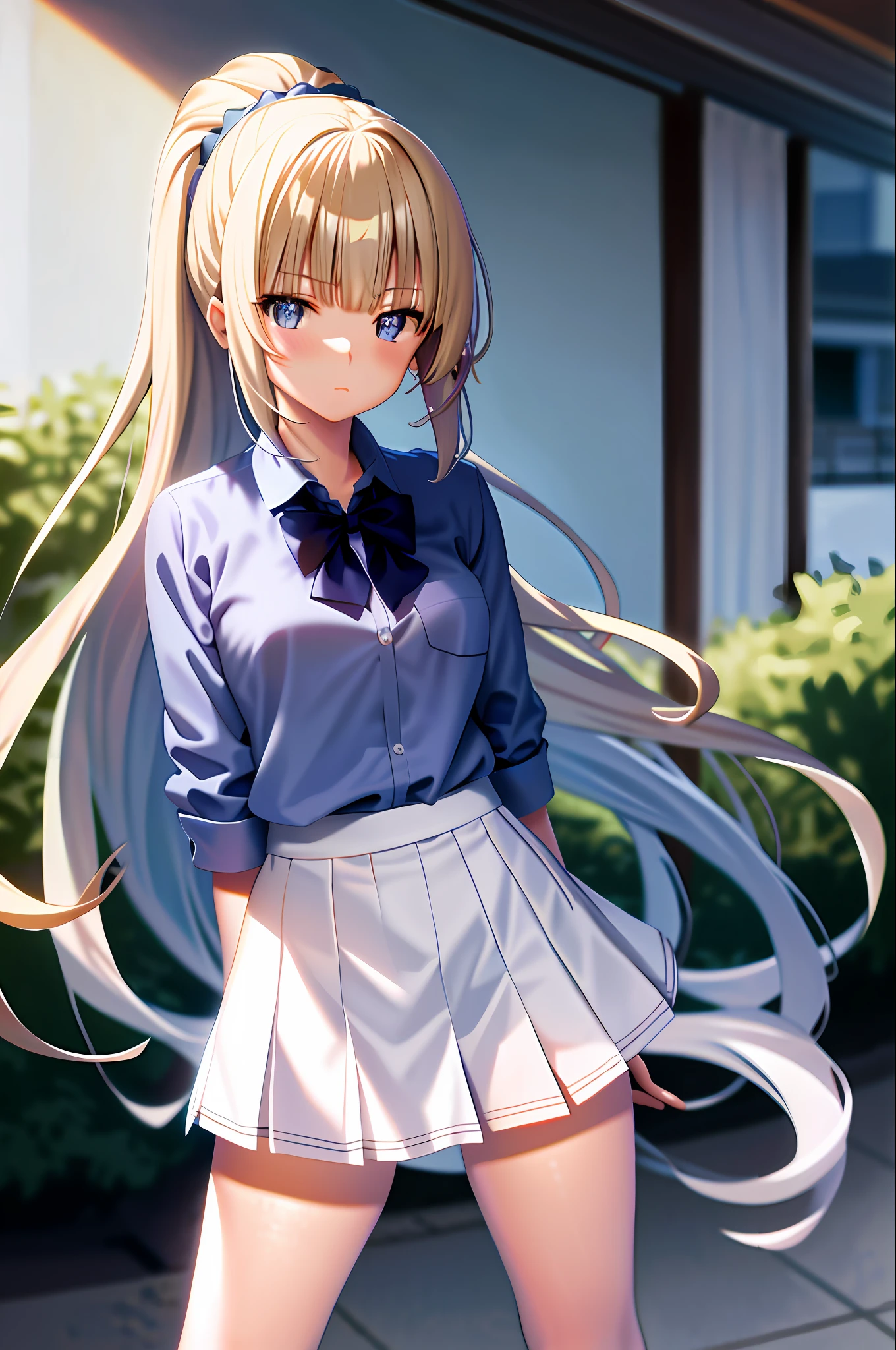 masterpiece, best quality, highres, 1girl, kei karuizawa, blue shirt, white skirt, standing, upper body