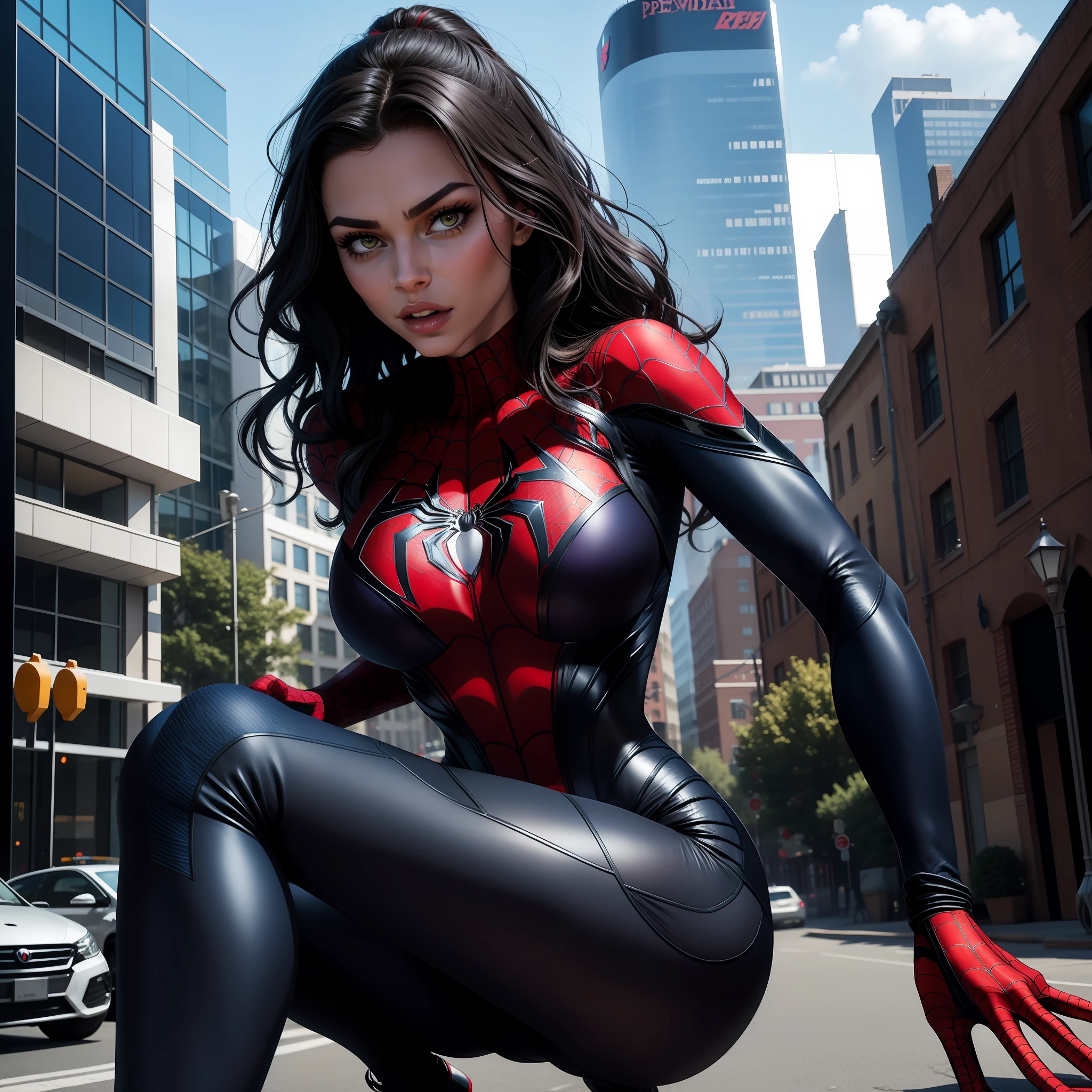 Spider-Man Girl vs Cat Woman, perfect body, tight clothes, perfect body and face, chic body, outdoors