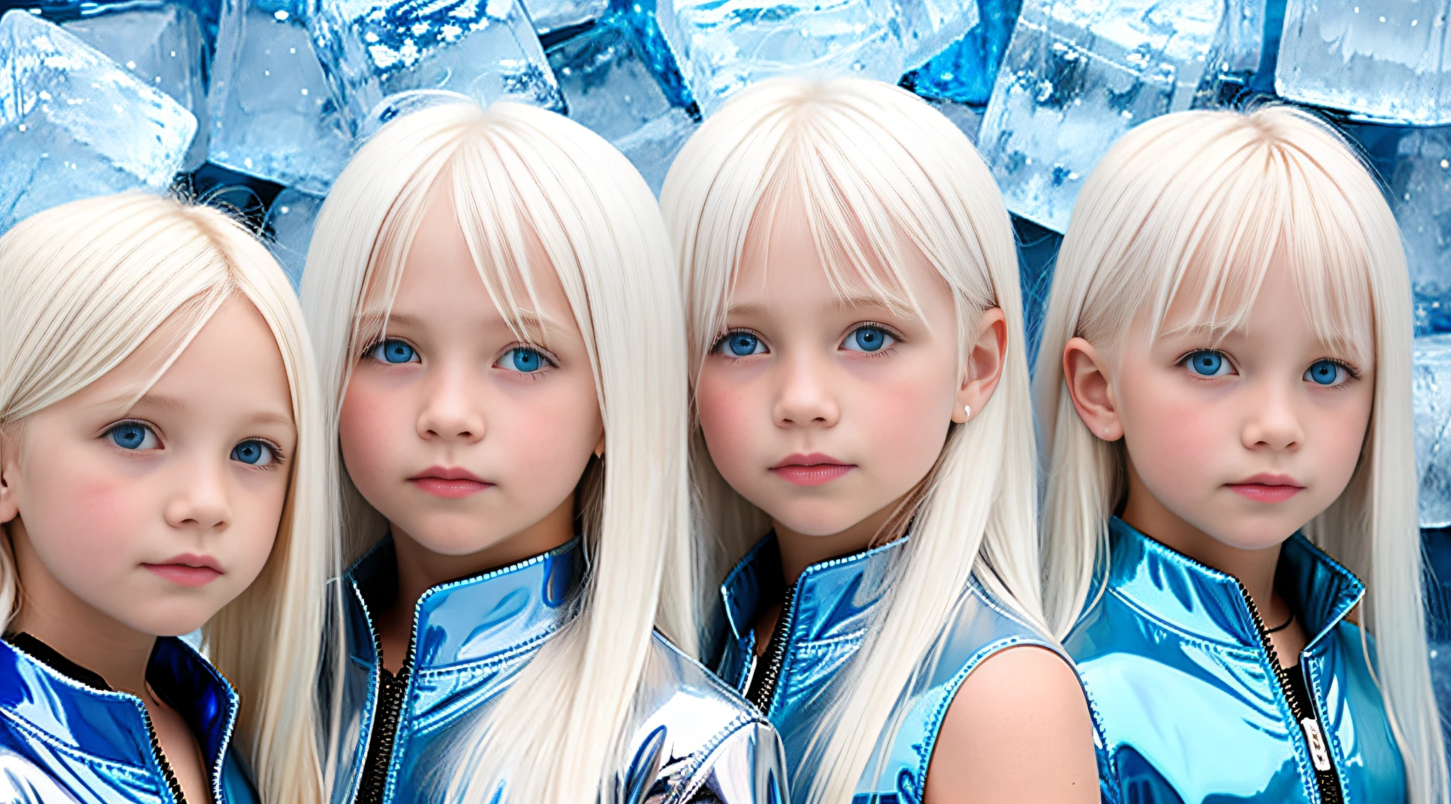 girls platinum blonde children WITH STRAIGHT HAIR, BACKGROUND peroil blue, ice very ice.