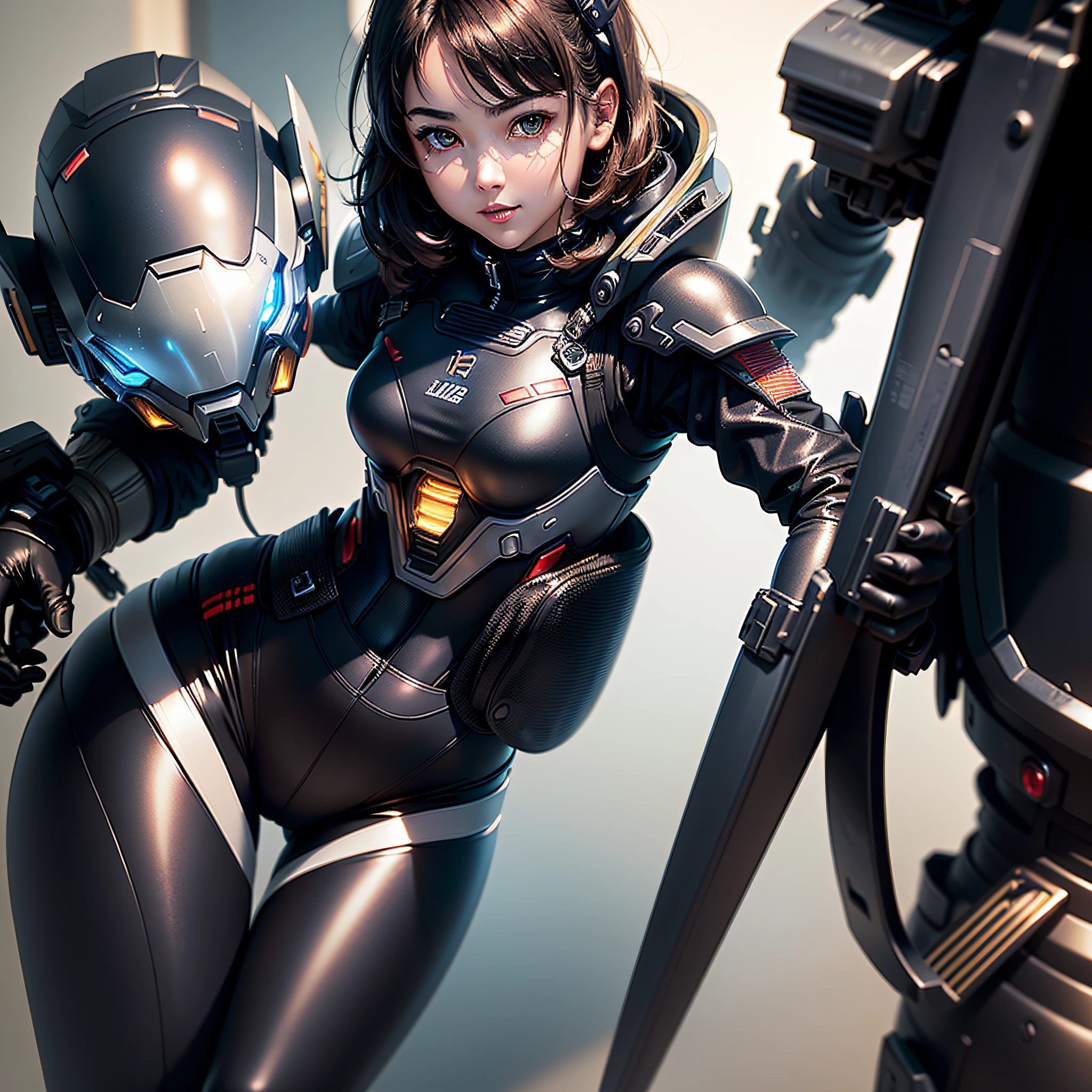 (Masterpiece, highest quality, highest resolution, distinct_image, very elaborate CG, cinematic lighting, ray tracing, drop shadows, detailed detail, (photorealism: 1.4), high quality textures, fine-grained, realistic face expression): (Girl alone, face is Japan, girl with brown hair, short hair, small size breasts, Detailed Gundam cockpit with sparkly black colored eyes, eye level shots, metallic black colored flight suit, tight fitting clothes, full-body covering clothes, light smile, beauty, slim body, exoskeleton, heroine, headset, long boots, gloves, solo ride)