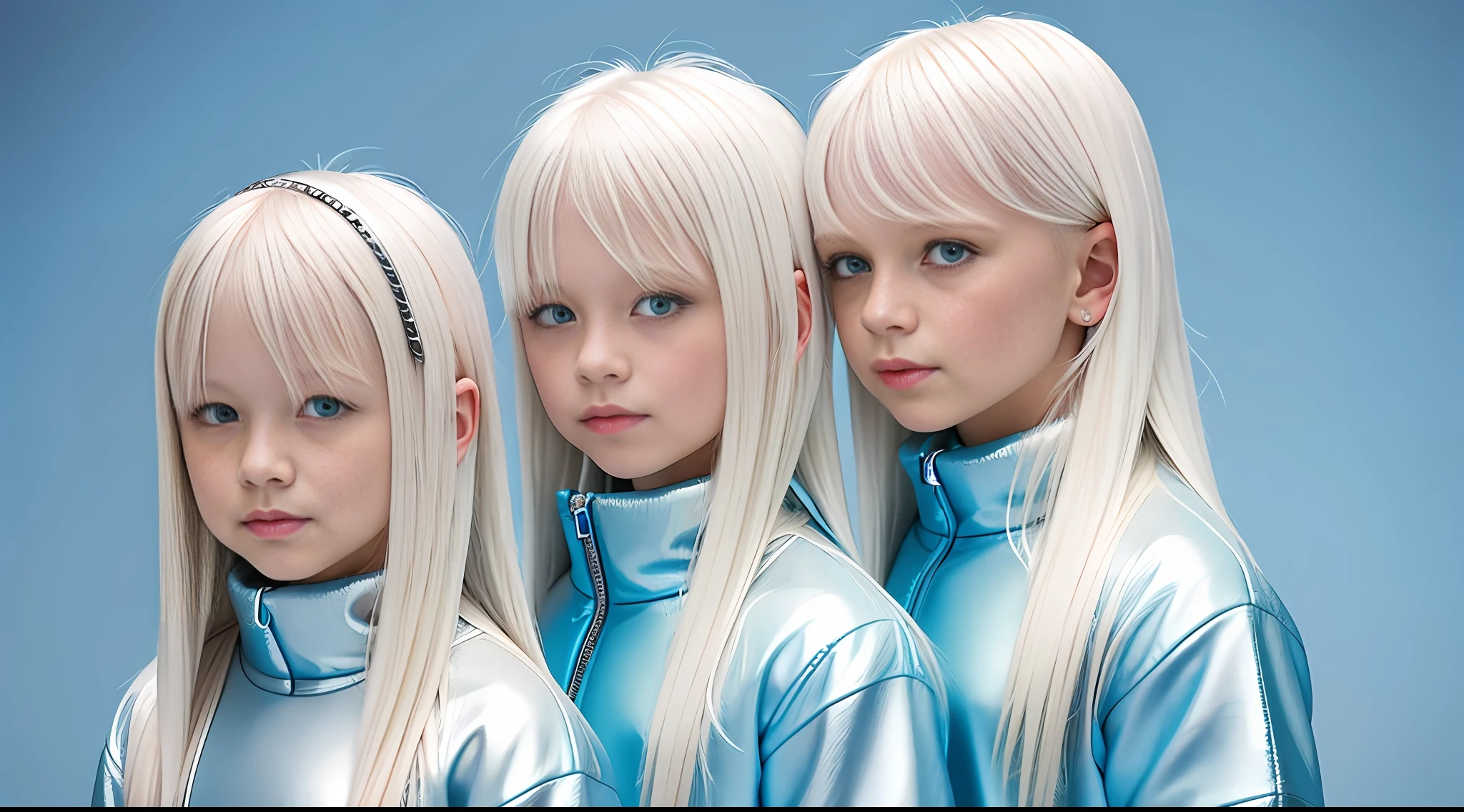 girls platinum blonde children WITH STRAIGHT HAIR, BACKGROUND peroil blue, ice very ice.