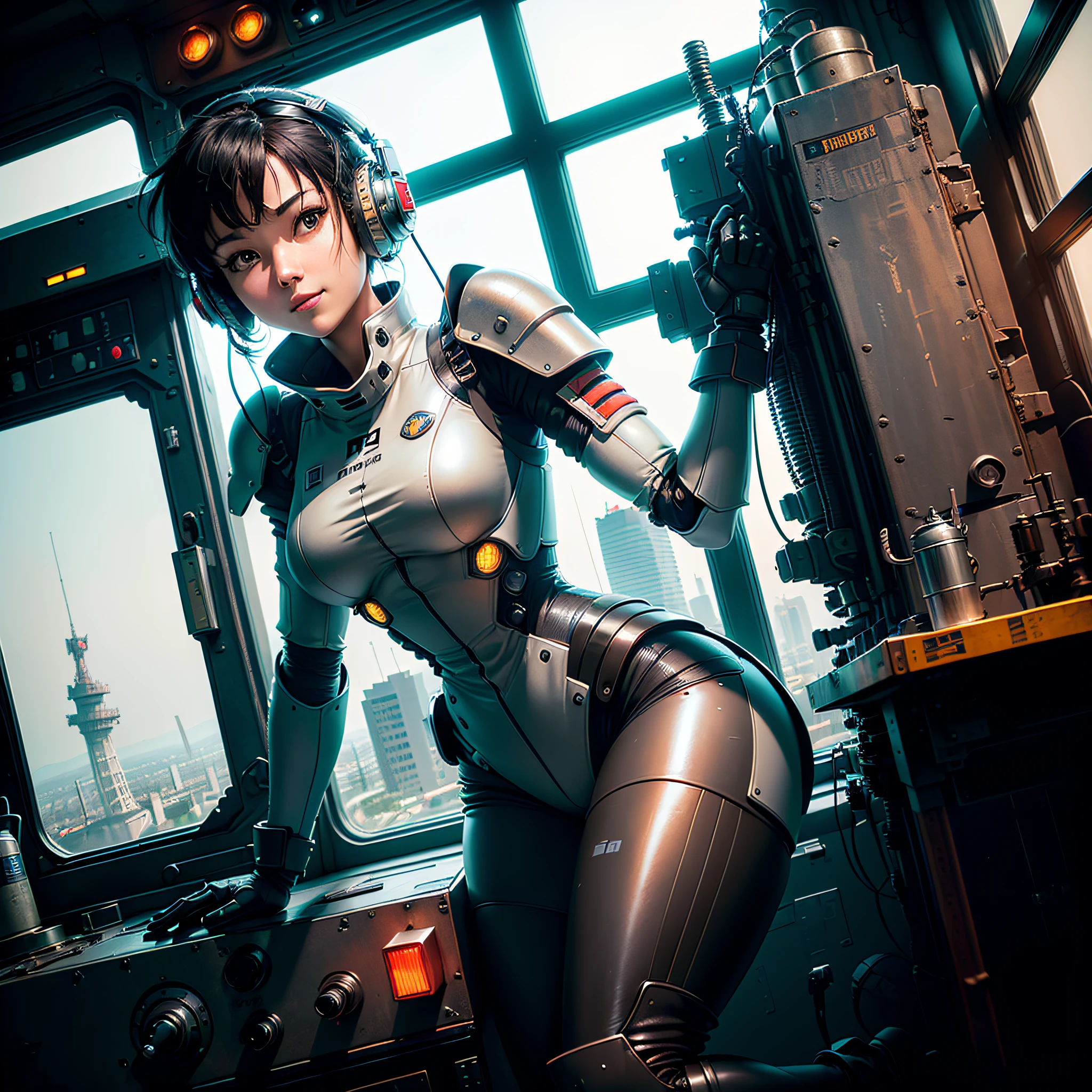 (Masterpiece, highest quality, highest resolution, distinct_image, very elaborate CG, cinematic lighting, ray tracing, drop shadows, detailed detail, (photorealistic: 1.4), high quality textures, fine-grained, realistic face expression): (lone girl, face is Japan, black short hair, small size breasts, sparkling eyes, Eye level shot, black color pilot suit, tight fit clothes, full-body covering clothing, light smile, beauty, slim body, exoskeleton, heroine, headset, long boots, gloves, large robot cockpit with forward leaning position and control stick, control panel, tools, safety equipment, radar display, touch panel, various indicators, cockpit, lever, computer keyboard, indicators, warning lights, fuel gauge, pressure gauge, control tower outside the window, large lever, foot access pedal, brake pedal, chunky manual, you can see another robot outside the window)