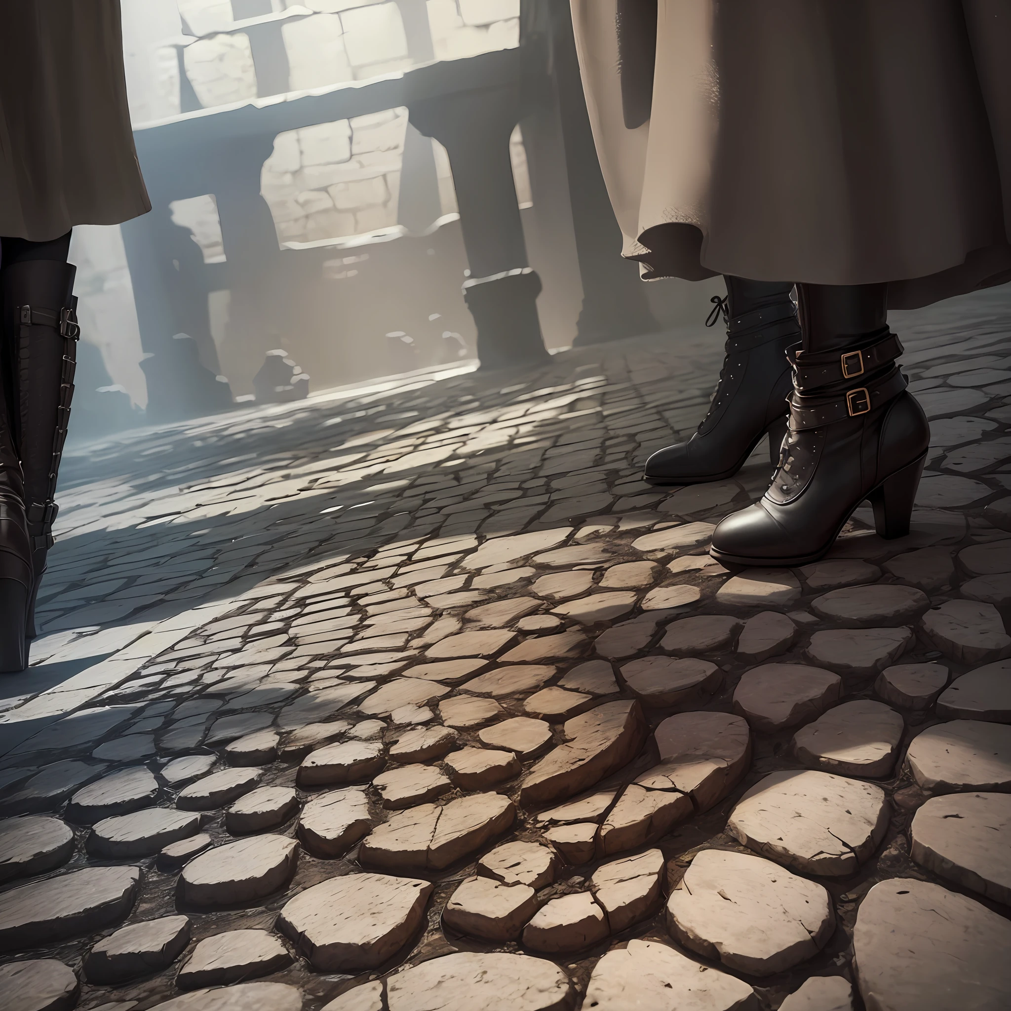 view of cobblestone floor from extreme low angle, extremely low angle(1.4), taken a few inches from the ground, seen through a hole in the wall, women's boots walking, high heels, dark lighting, dungeon aesthetic --auto --s2