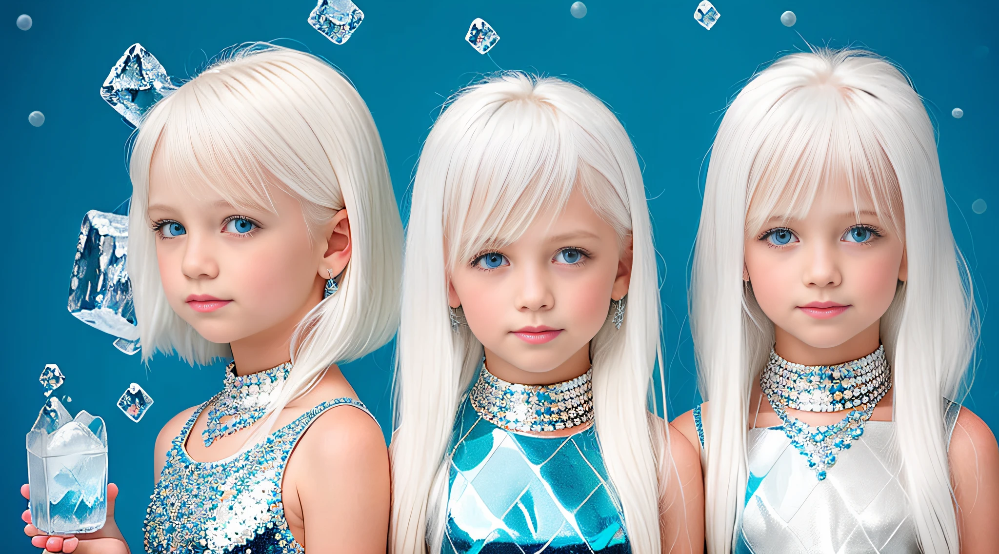 platinum blonde kids girls with locky hair, peroil blue BACKGROUND, ice lots of ice.