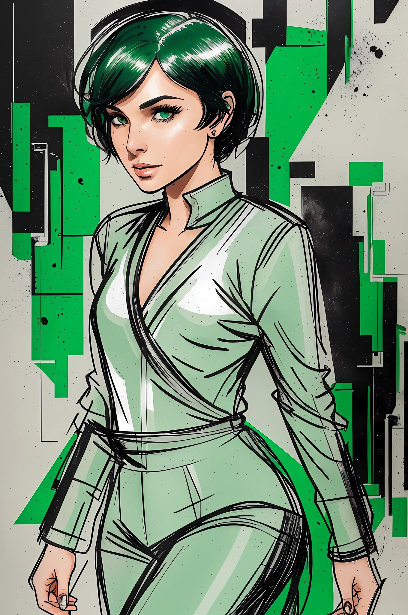 Concept character, white background, Gal Gadot gorgeous stunning woman with short black hair and piercing green eyes, walking on a street. Her skin is pale and immaculate, and she has a few freckles scattered on her face. It moves with a graceful, fluid motion. She usually wears a tight black jumpsuit with several pockets and straps. --auto --s2