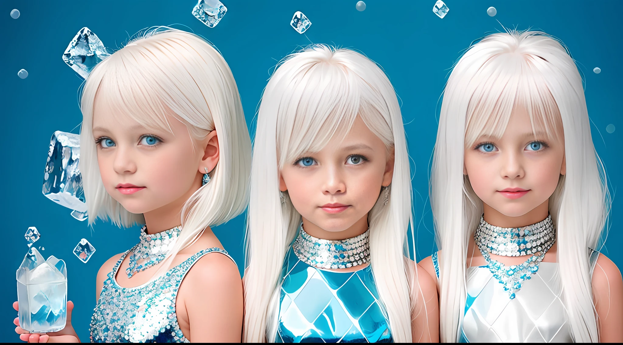 platinum blonde kids girls with locky hair, peroil blue BACKGROUND, ice lots of ice.