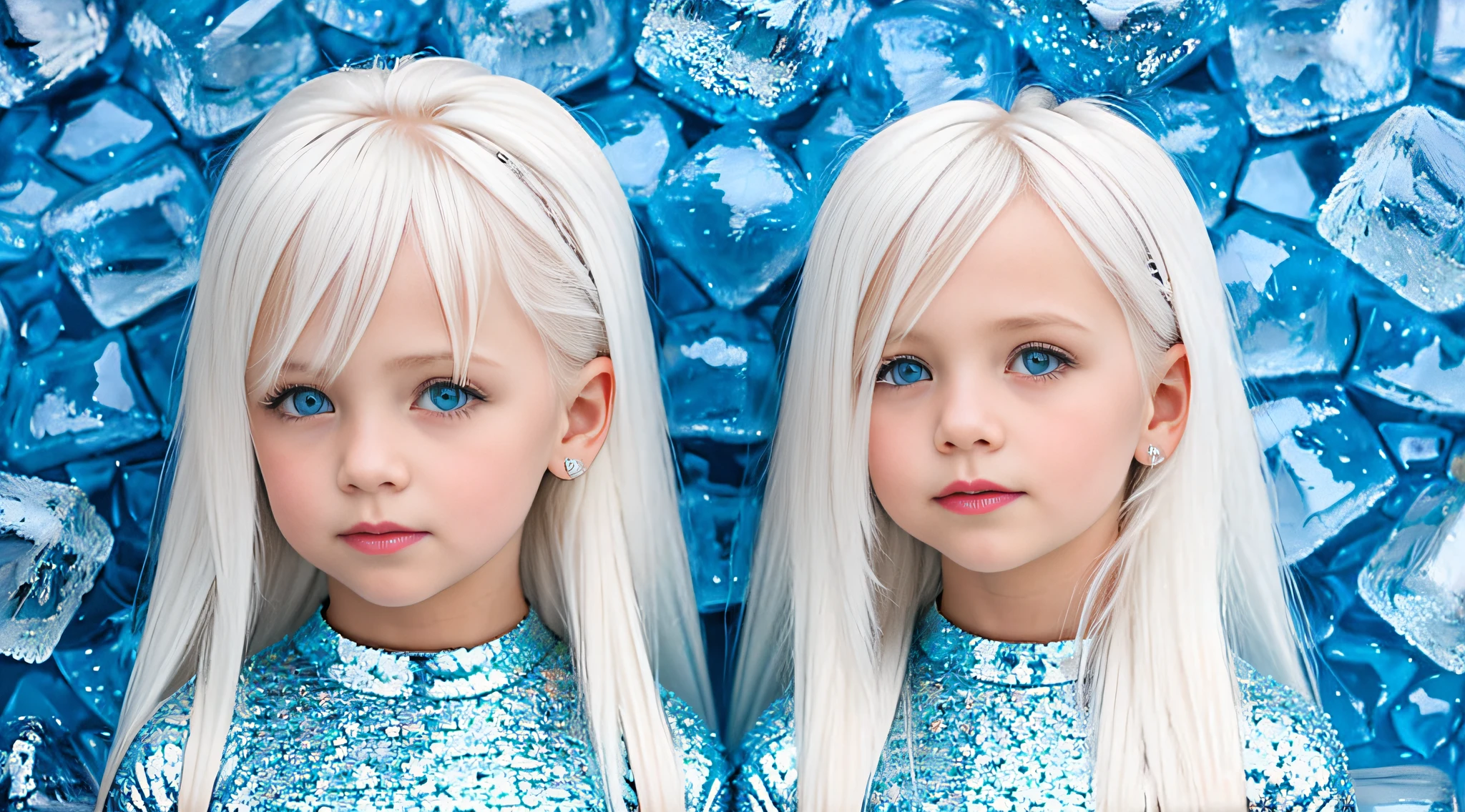 platinum blonde kids girls with locky hair, peroil blue BACKGROUND, ice lots of ice.