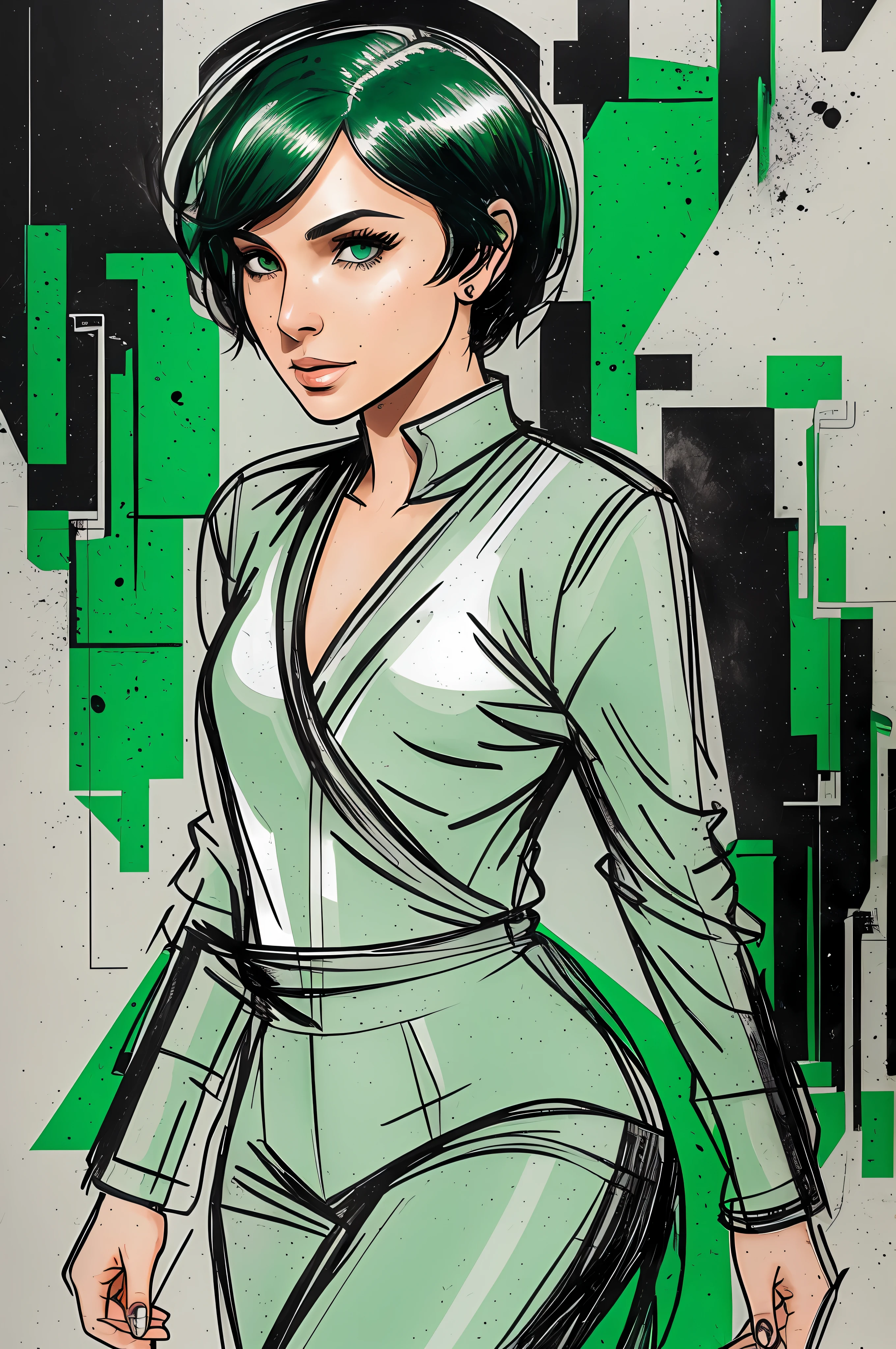 Concept character, white background, Gal Gadot gorgeous stunning woman with short black hair and piercing green eyes, walking on a street. Her skin is pale and immaculate, and she has a few freckles scattered on her face. It moves with a graceful, fluid motion. She usually wears a tight black jumpsuit with several pockets and straps. --auto --s2
