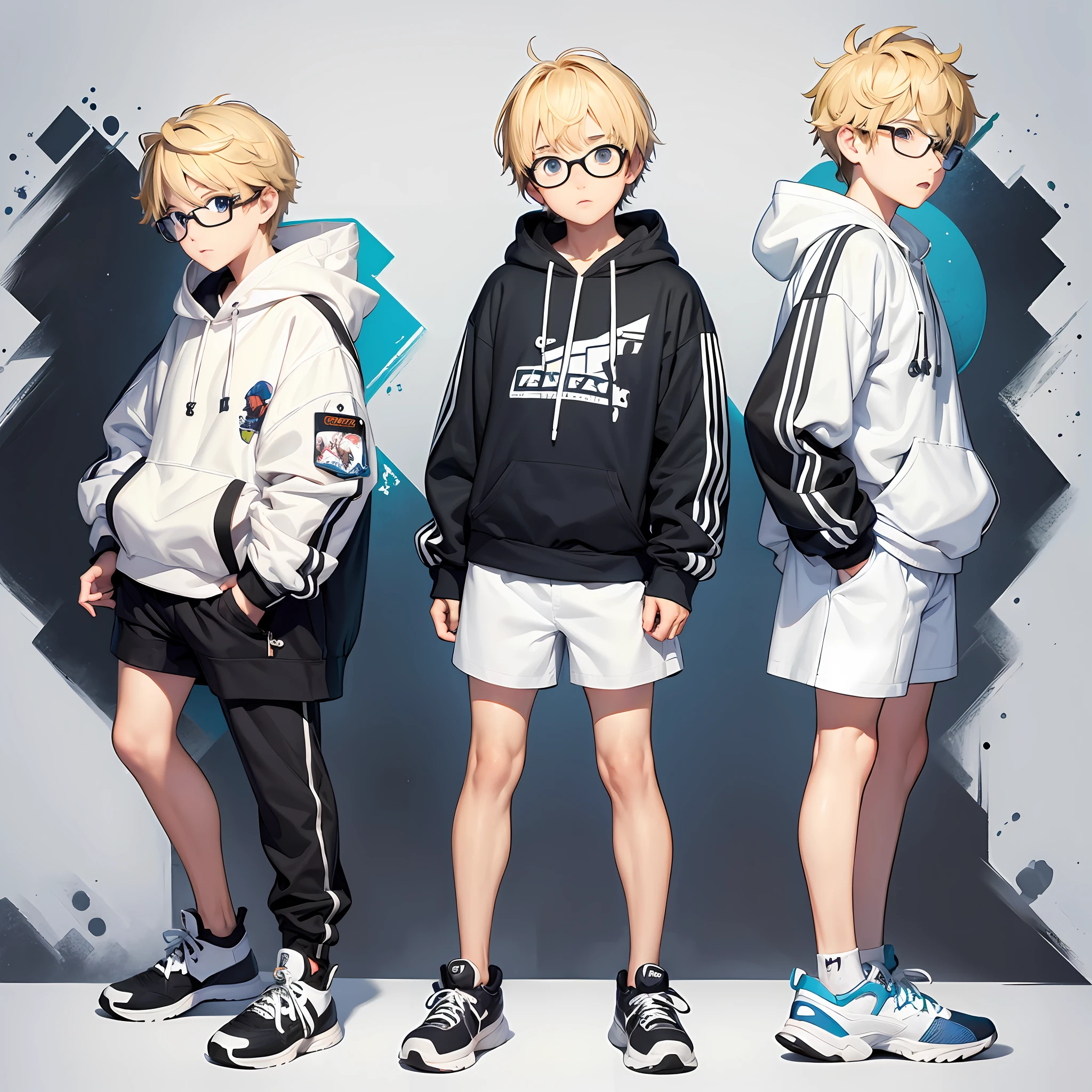 (Same character front, side and back)(white background) teenage boy, short blond hair, glasses, shorts, sneakers, hoody --auto --s2